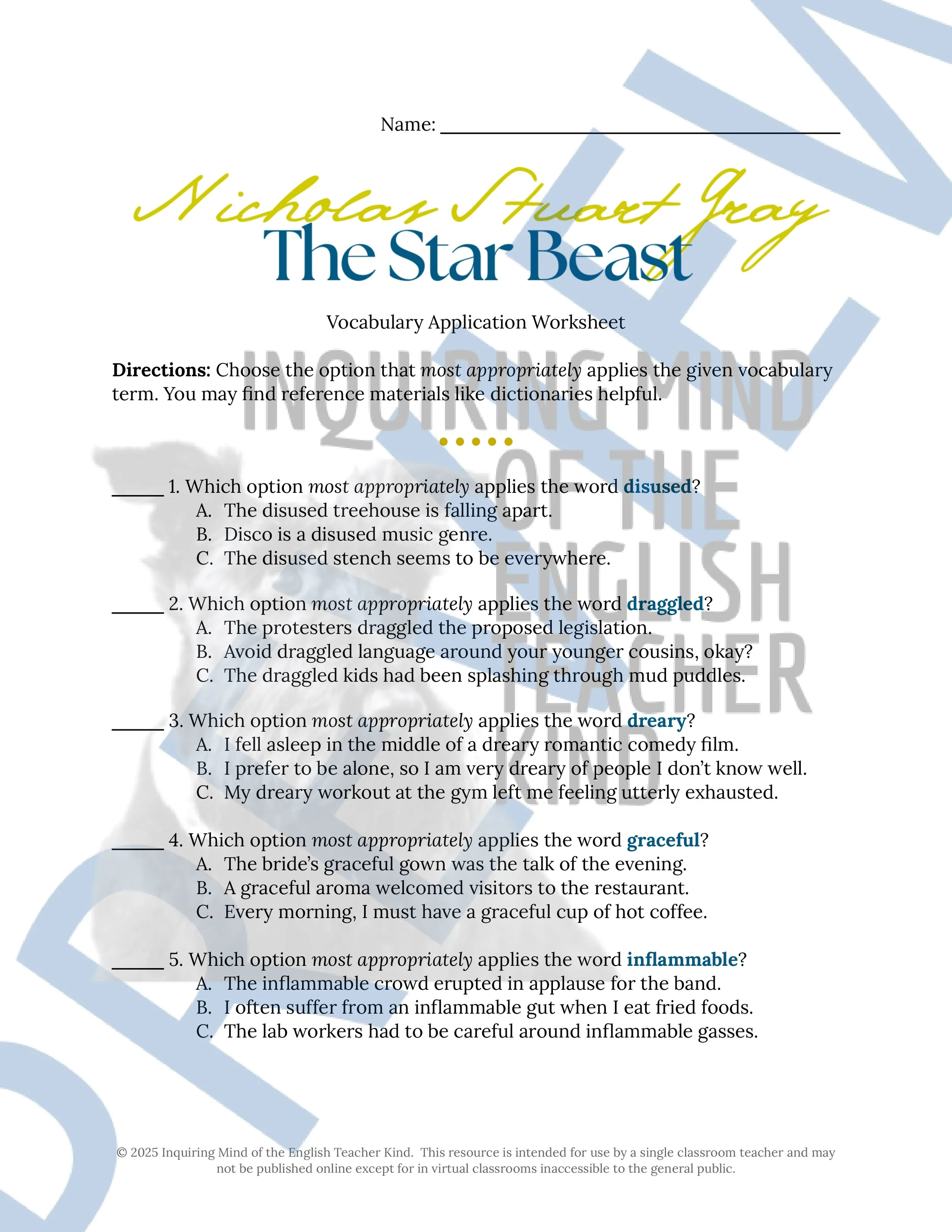 "The Star Beast" by Nicholas Stuart Gray Quiz, Close Reading Analysis Worksheet, Vocabulary Games, and Answer Keys for High School from Inquiring Mind of the English Teacher Kind