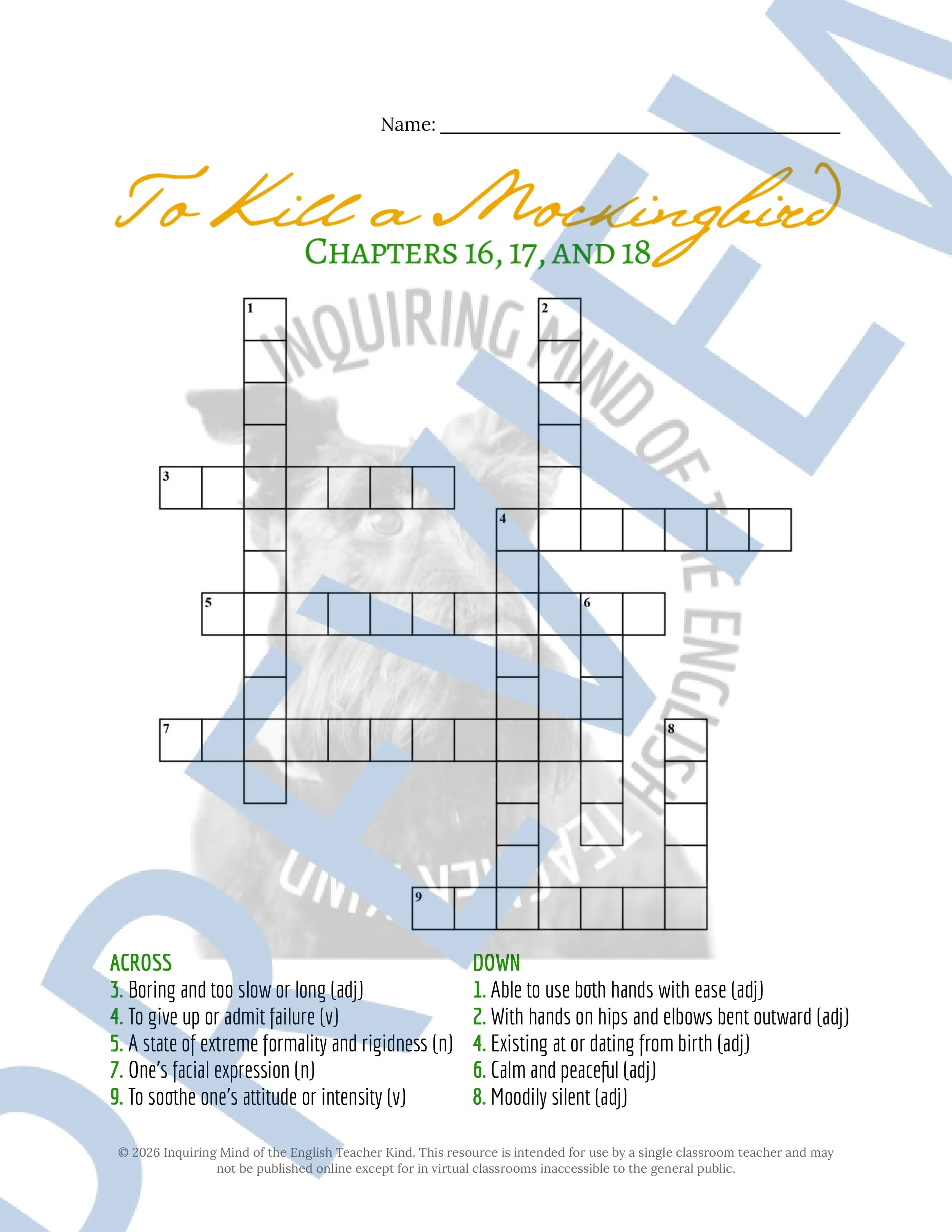 To Kill a Mockingbird Chapters 16, 17, and 18 Vocabulary Worksheet, Crossword Puzzle, and Word Search Game for High School ELA (4).jpg