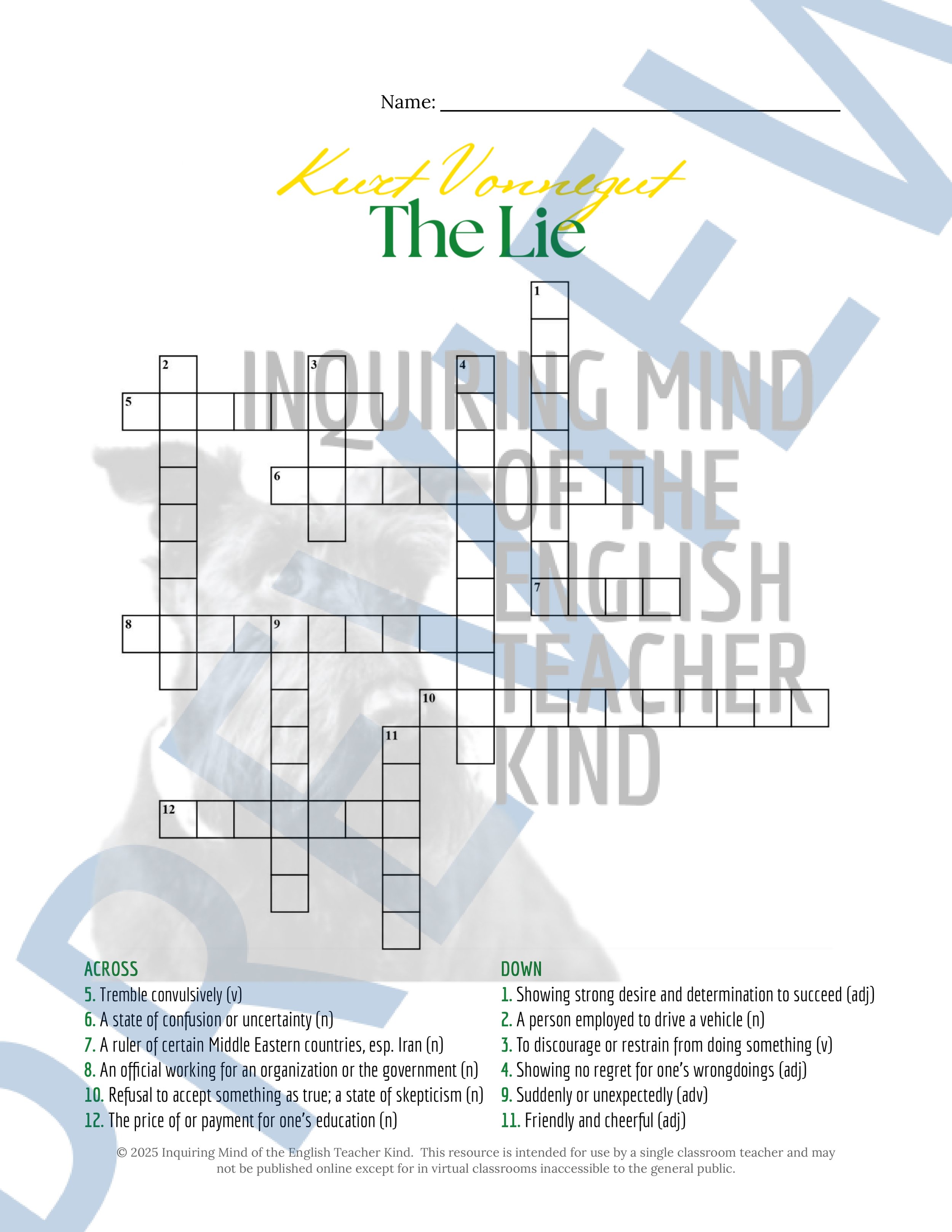 "The Lie" by Kurt Vonnegut Quiz, Close Reading Analysis Worksheet, Vocabulary Activities, and Answer Keys for High School from Inquiring Mind of the English Teacher Kind