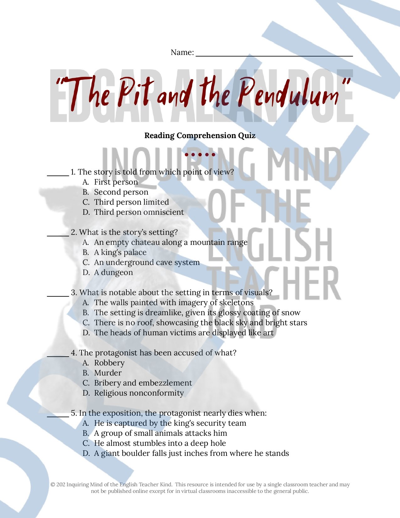 "The Pit and the Pendulum" by Edgar Allan Poe Quiz, Close Reading Activity, and Vocabulary Games for High School English Language Arts