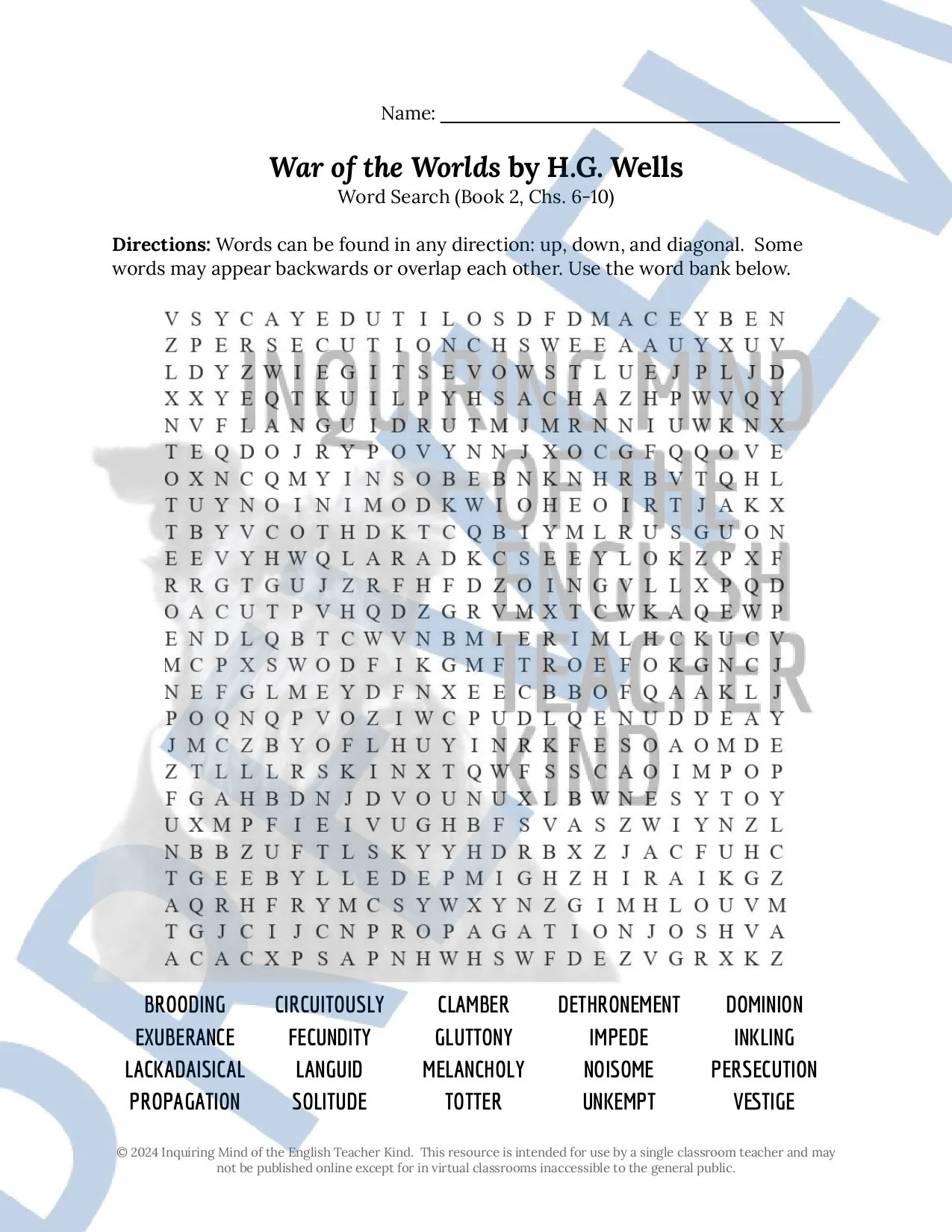 The War of the Worlds by H. G. Wells Vocabulary Games for High School Bundle