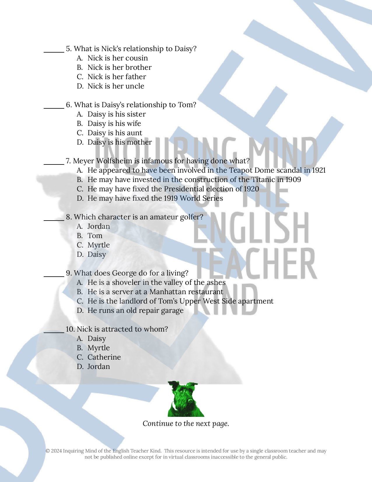 The Great Gatsby by F. Scott Fitzgerald Test, Answer Key, and Study Guide for High School