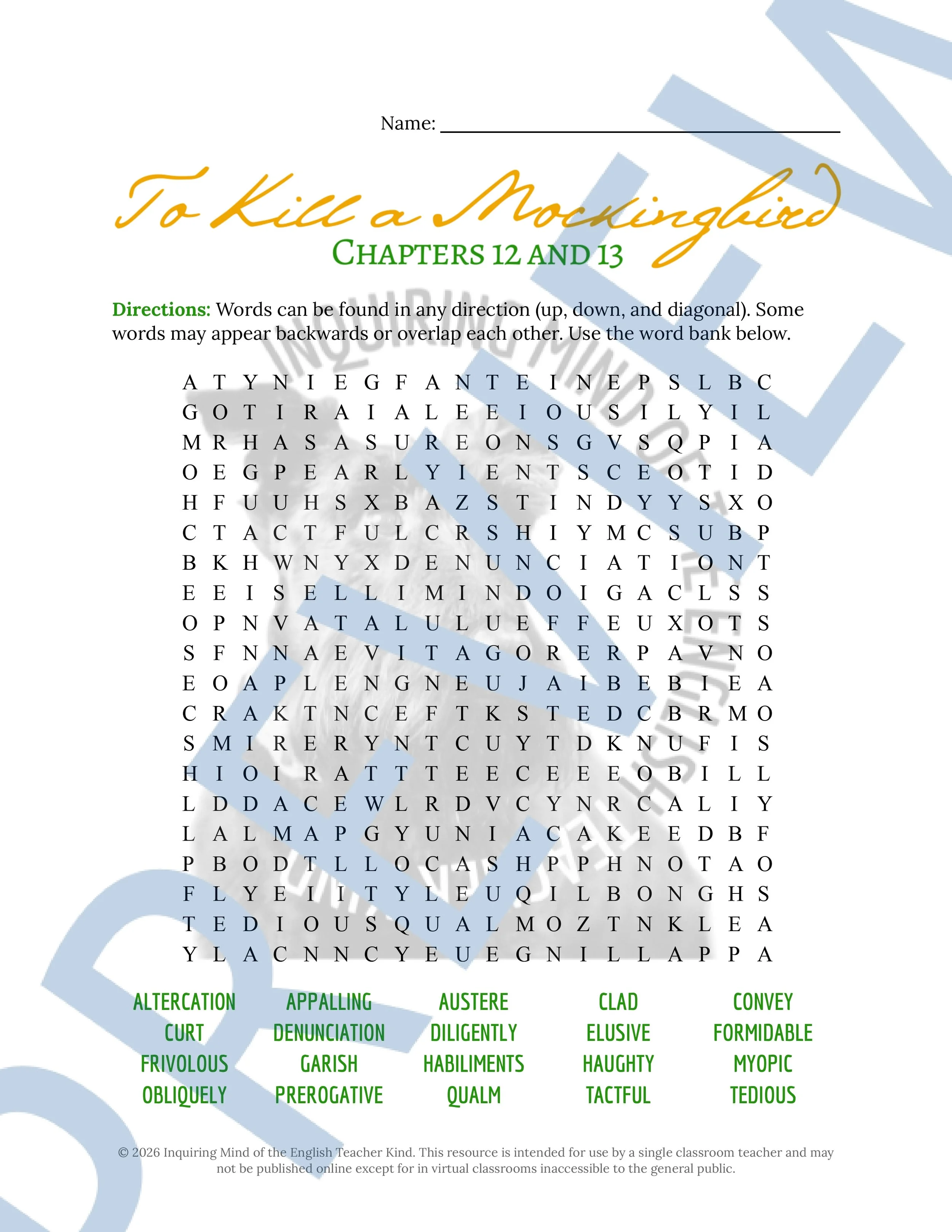 To Kill a Mockingbird Chapters 12 and 13 Vocabulary Worksheet, Crossword Puzzle, and Word Search Game for High School ELA (5).jpg
