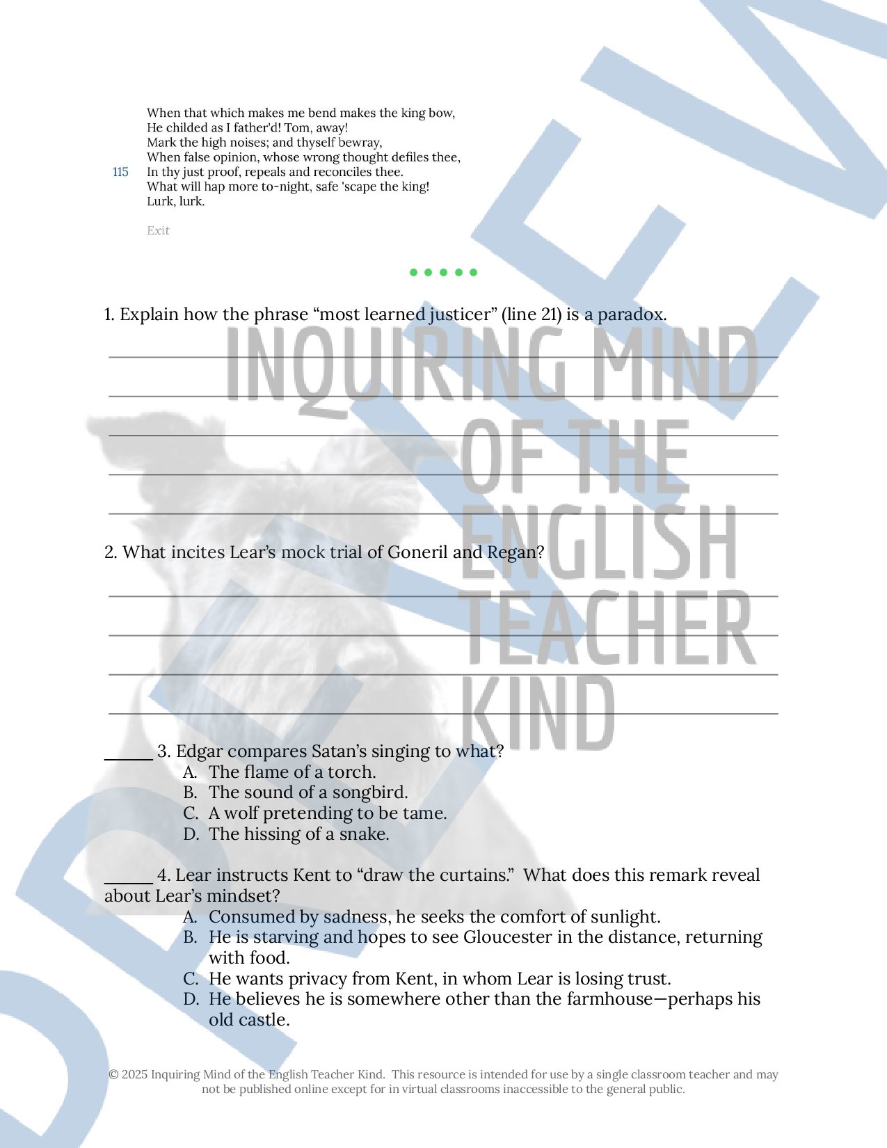 Shakespeare's King Lear Act 3 Quiz, Vocabulary Games, Close Reading Inference Worksheets, and Answer Keys for High School by Inquiring Mind of the English Teacher Kind
