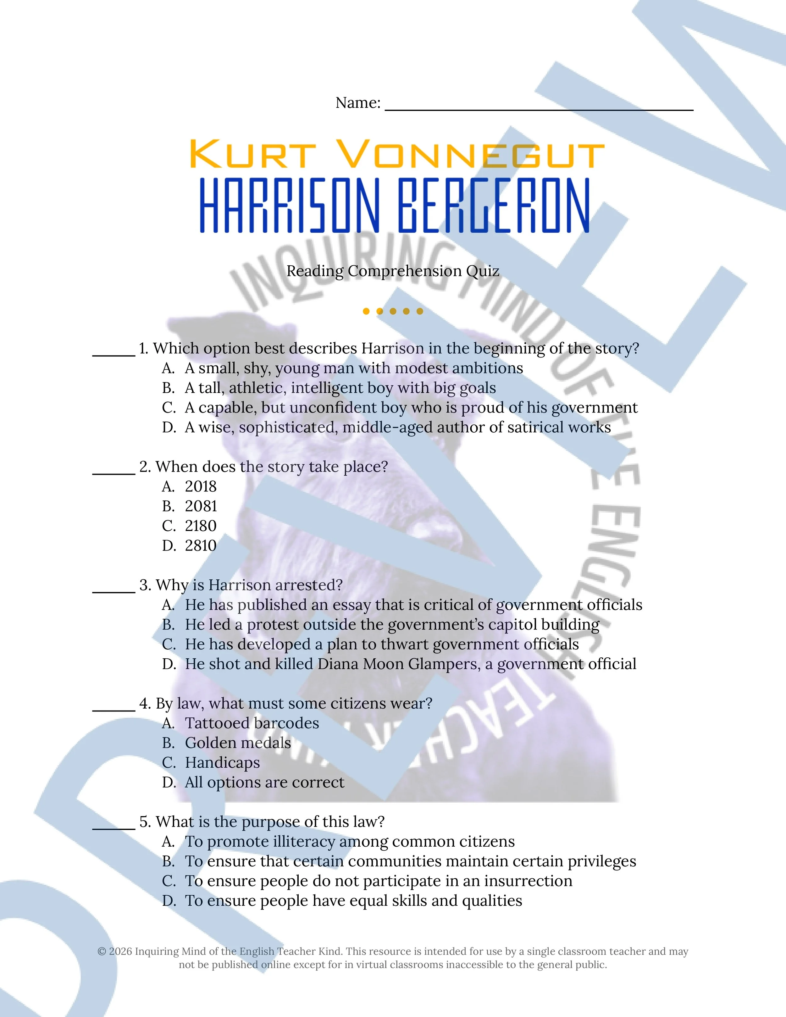 Harrison Bergeron by Kurt Vonnegut Quiz and Answer Key (1).jpg