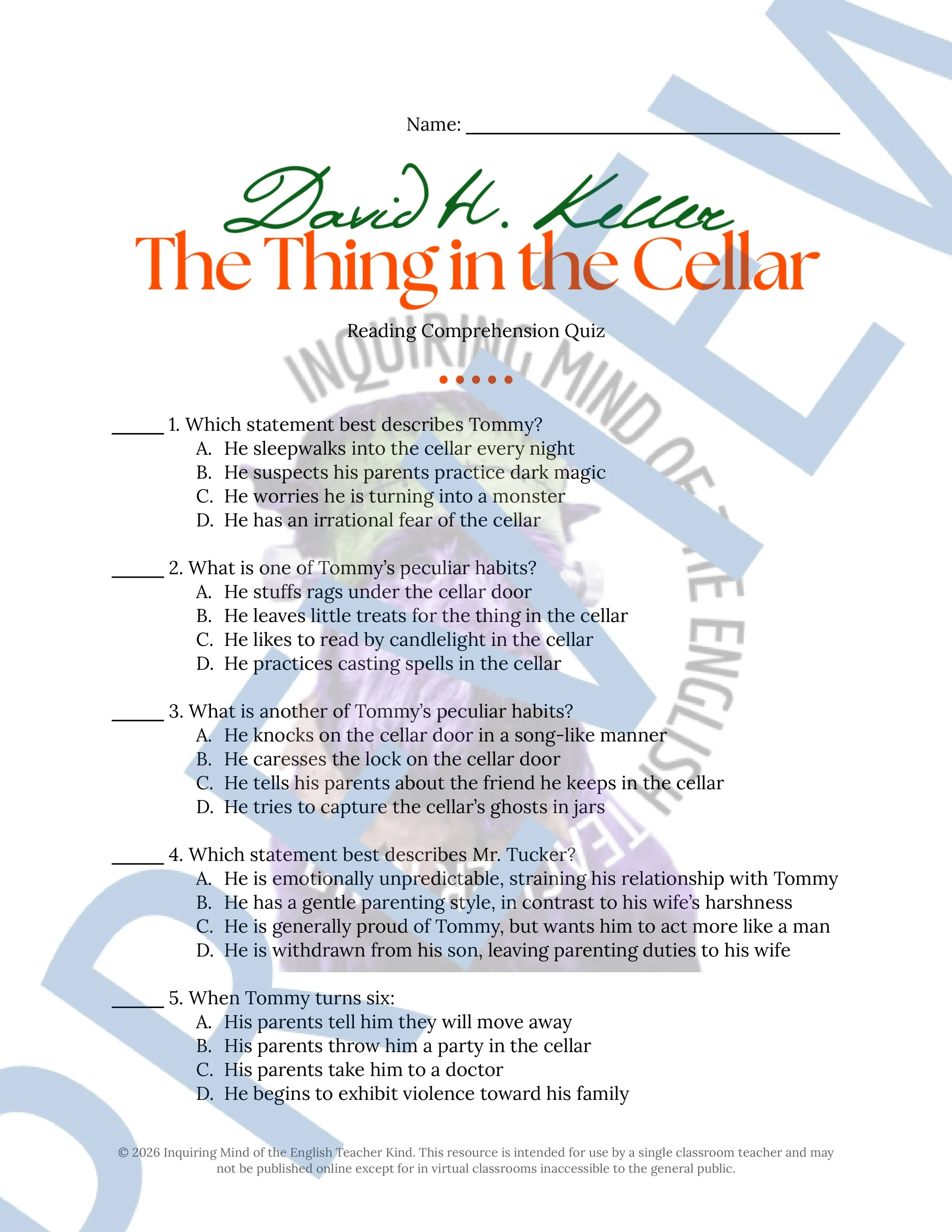 The Thing in the Cellar by David H. Keller Reading Comprehension Quiz and Answer Key - High School Short Story for the Halloween Season (1).jpg