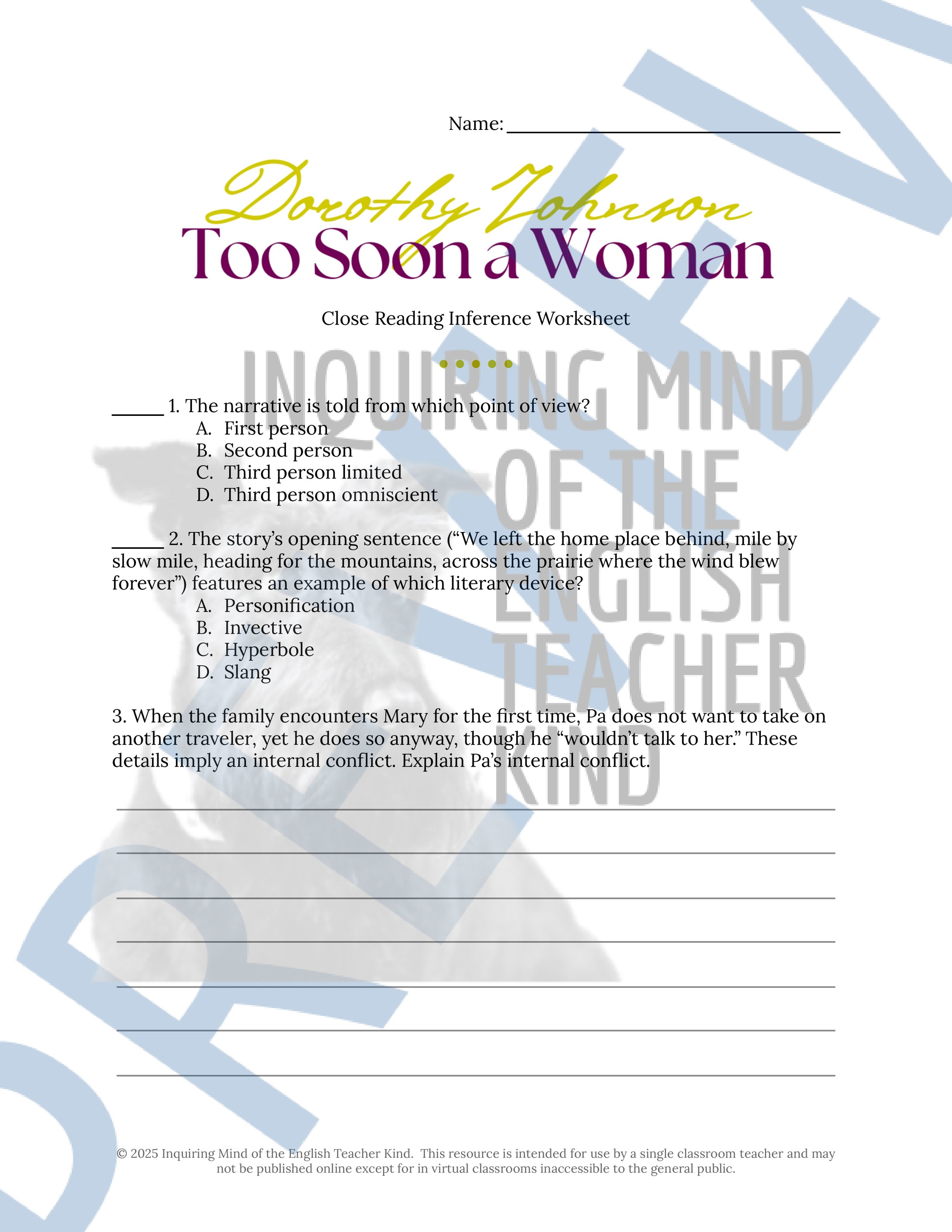 "Too Soon a Woman" by Dorothy Johnson Quiz, Close Reading Analysis Worksheet, Vocabulary Activities, and Answer Keys for High School from Inquiring Mind of the English Teacher Kind