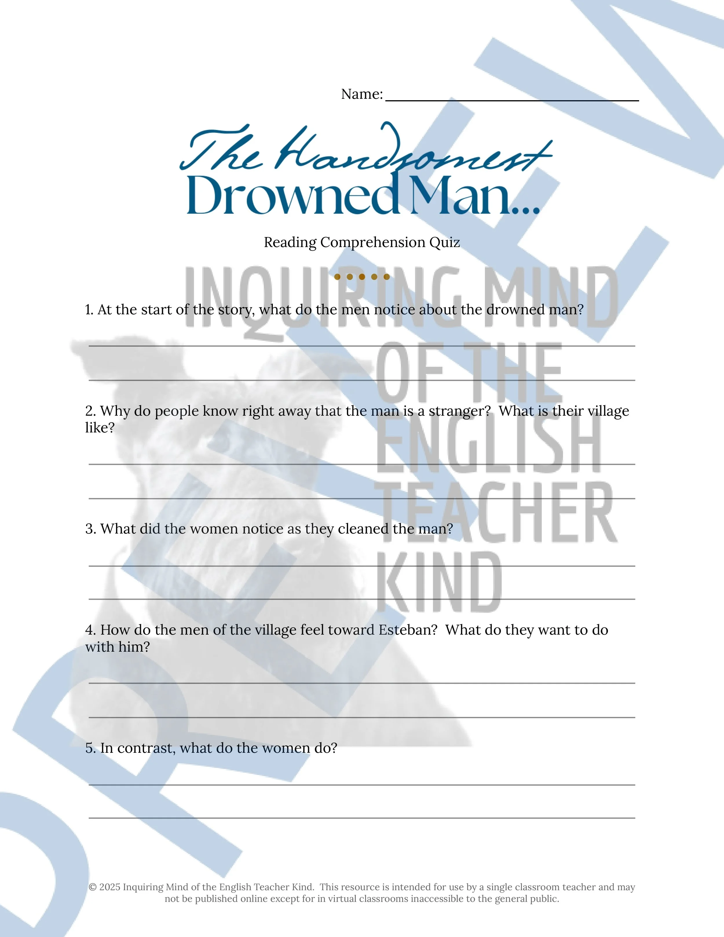 "The Handsomest Drowned Man in the World" by Gabriel Garcia Marquez Quiz, Worksheets, and Vocabulary Games for High School from Inquiring Mind of the English Teacher Kind