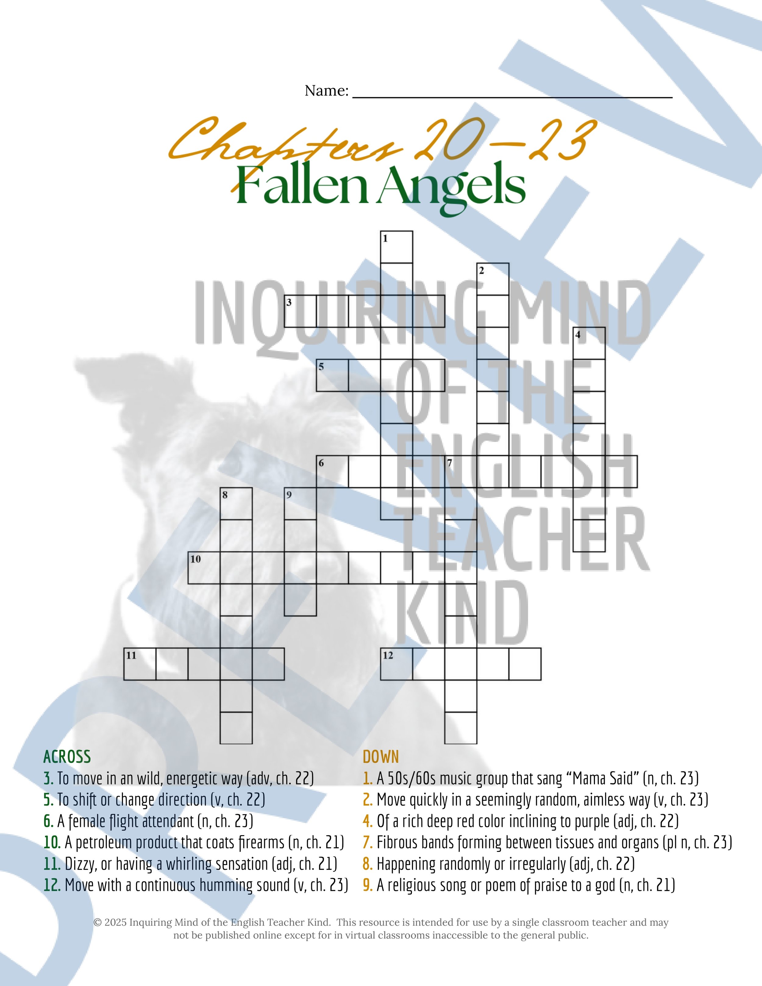 Fallen Angels by Walter Dean Myers Vocabulary Activities Bundle for High School from Inquiring Mind of the English Teacher Kind
