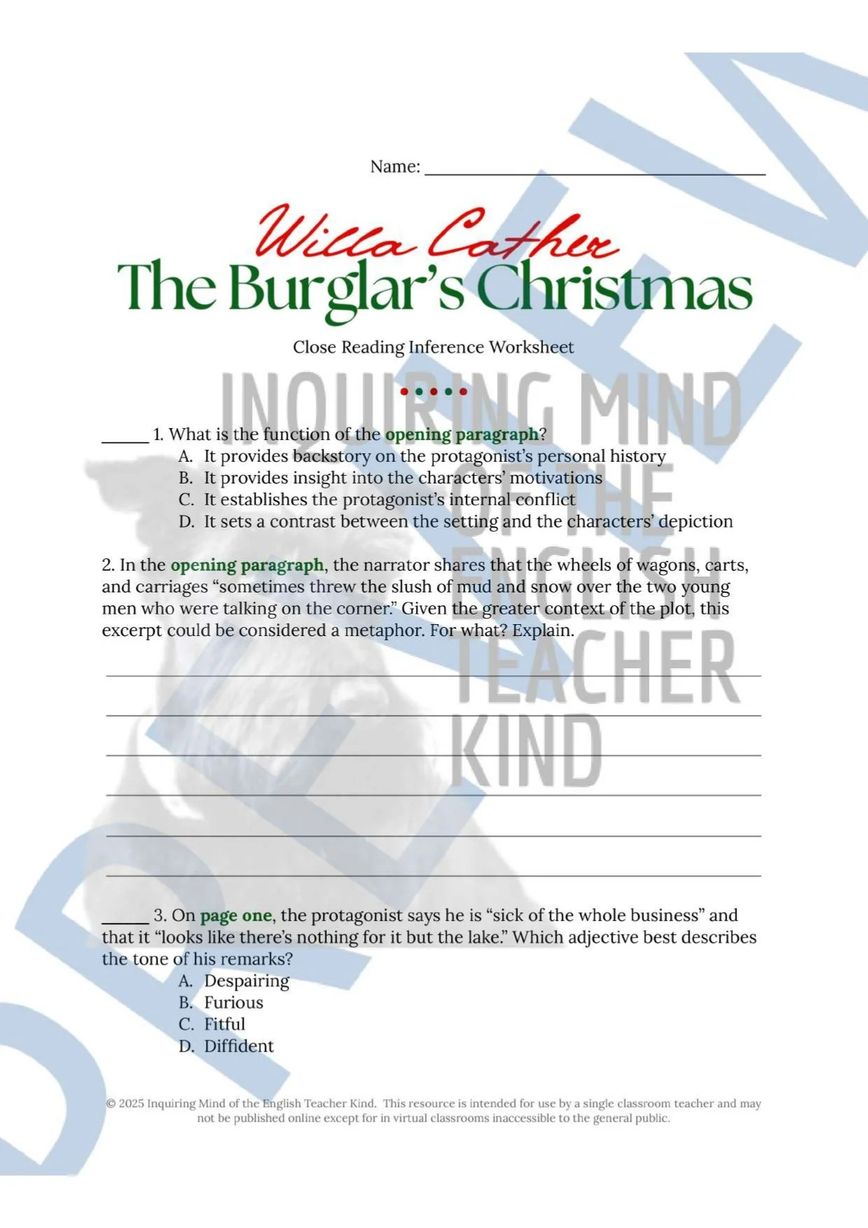 The Burglar's Christmas Quiz, Analysis Worksheet, and Vocabulary Activities from Inquiring Mind of the English Teacher Kind