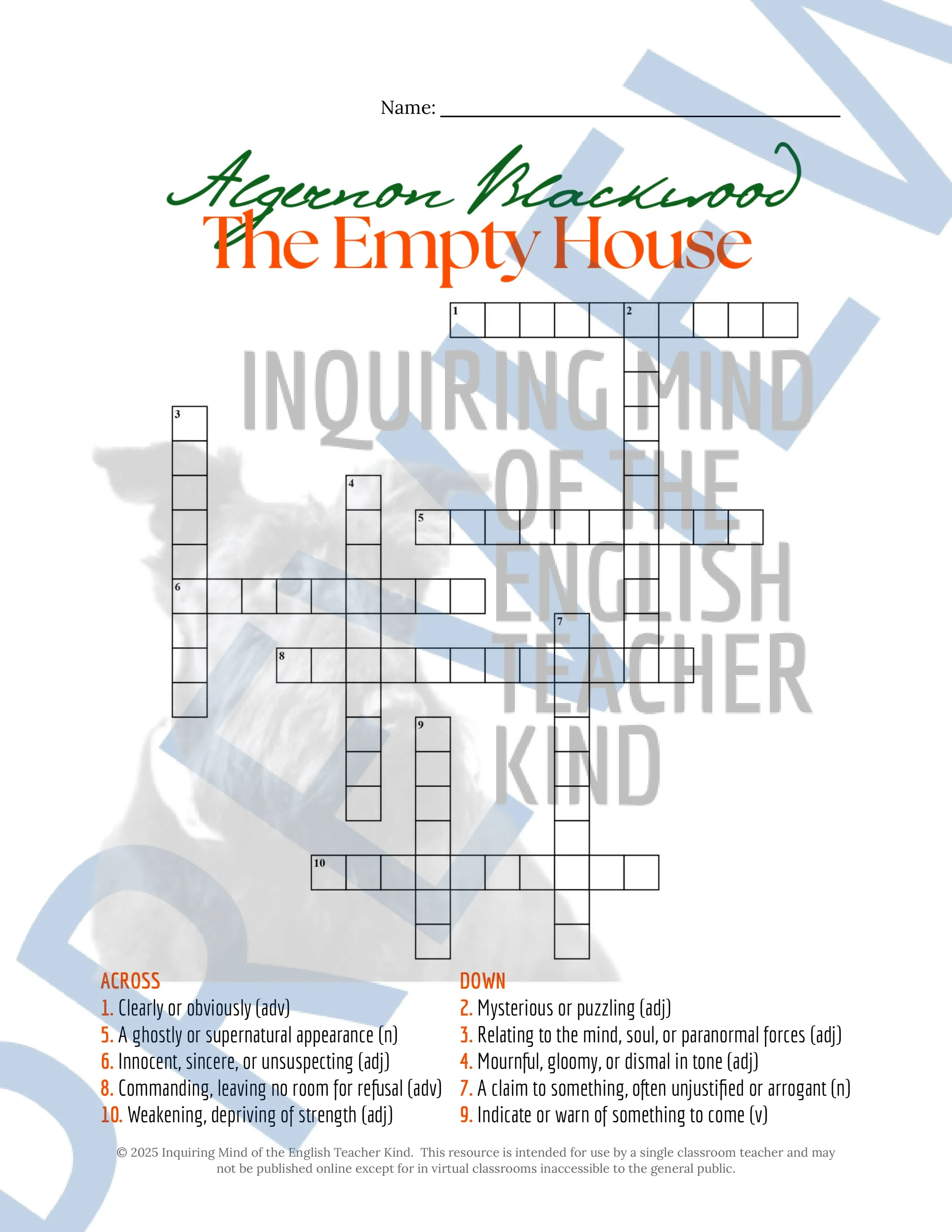 "The Empty House" by Algernon Blackwood Quiz, Analysis Worksheet, Vocabulary Games, and Halloween Ghost Story from Inquiring Mind of the English Teacher Kind
