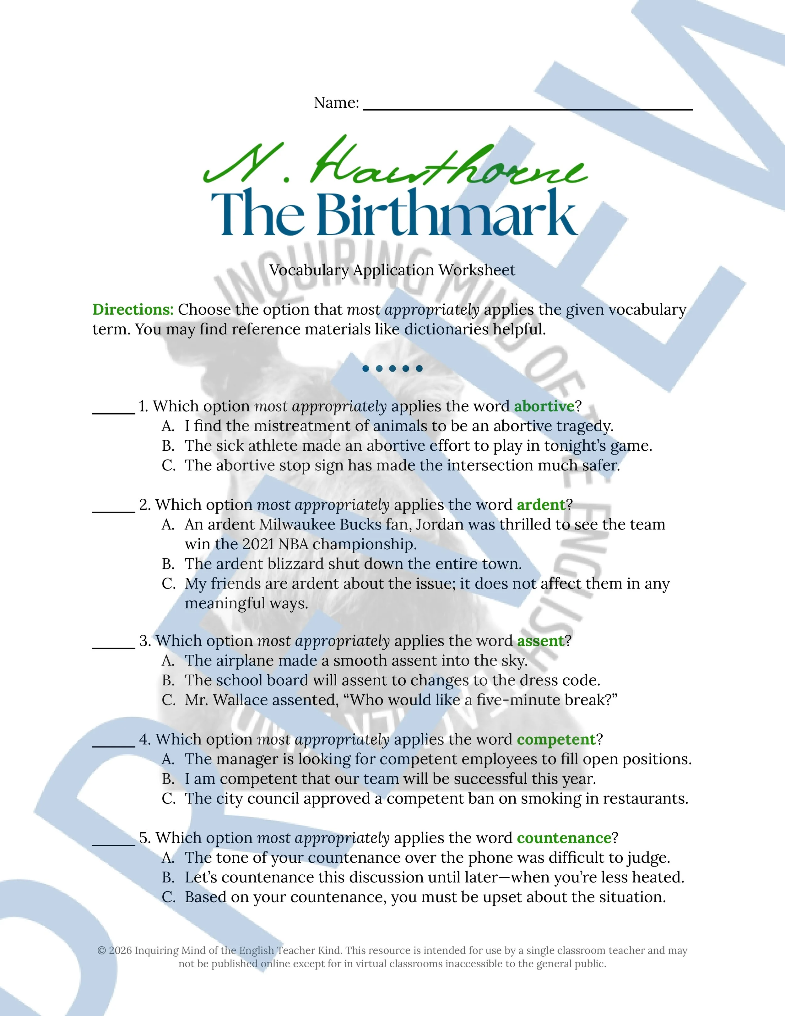 The Birthmark by Nathaniel Hawthorne Vocabulary Activities (1).jpg