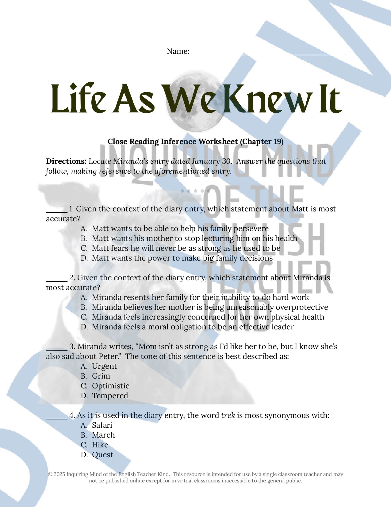 Life As We Knew It by Susan Beth Pfeffer Chapter 19 Close Reading Inference Worksheet and Answer Key