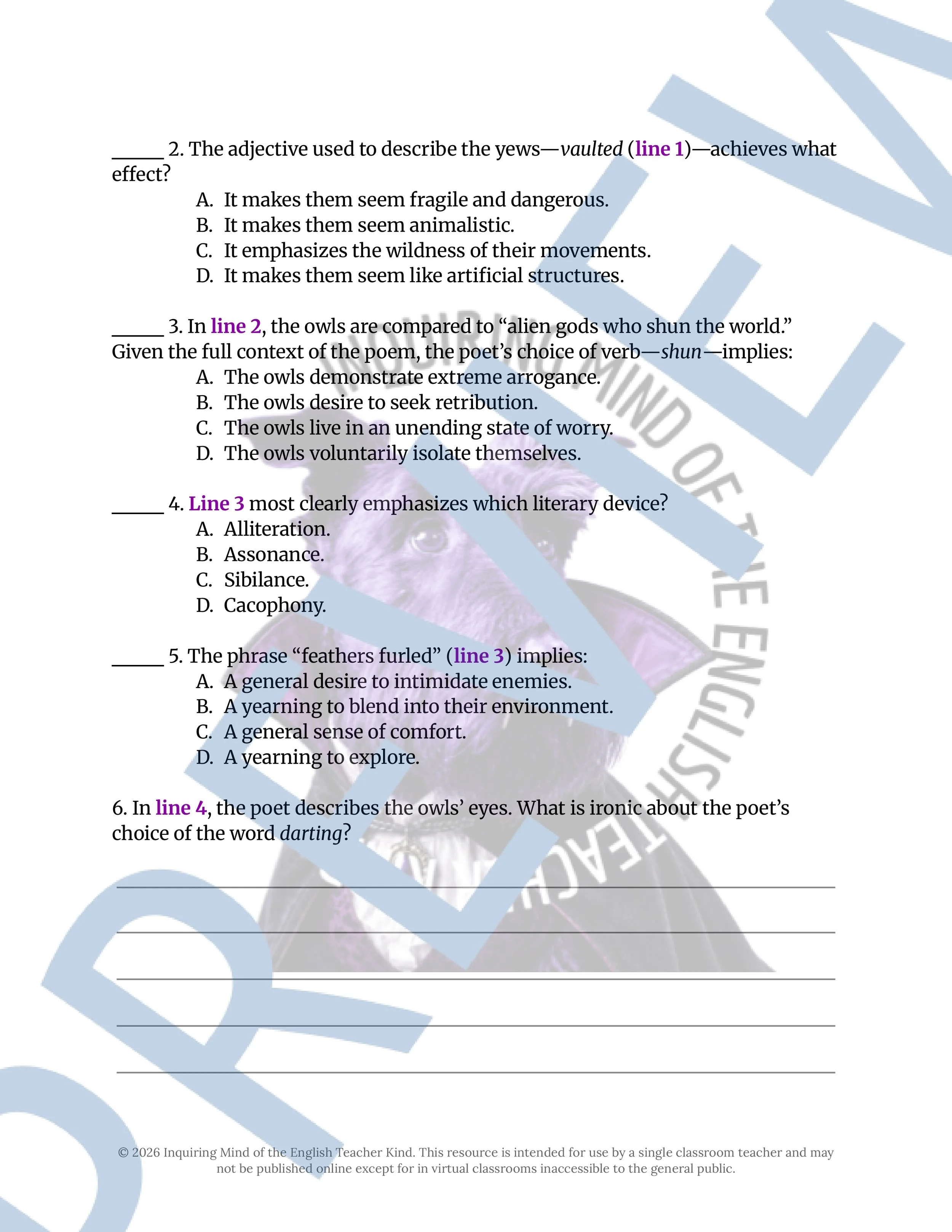 The Owls by Charles Baudelaire Poem Analysis Worksheet for High School English and Halloween (2).jpg