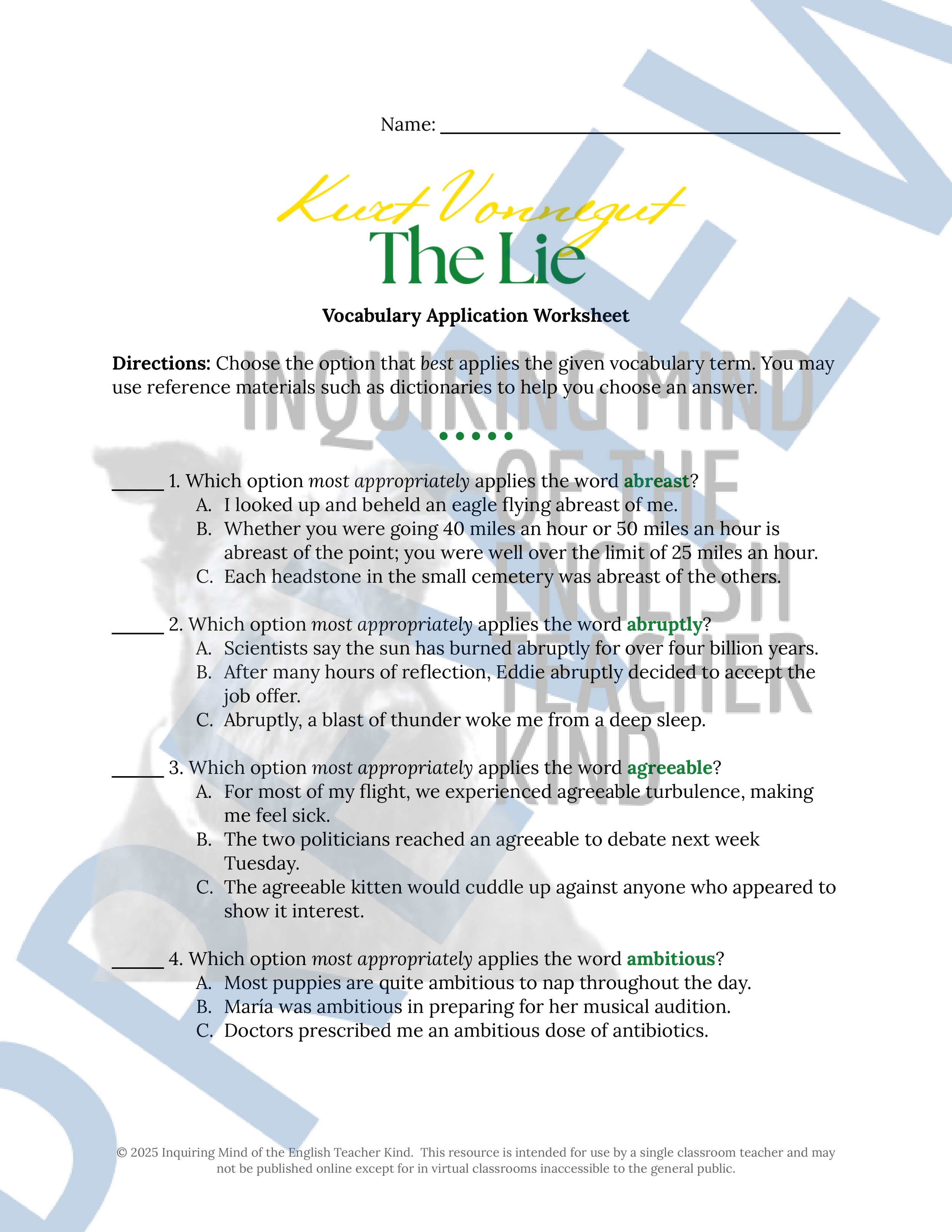 "The Lie" by Kurt Vonnegut Quiz, Close Reading Analysis Worksheet, Vocabulary Activities, and Answer Keys for High School from Inquiring Mind of the English Teacher Kind