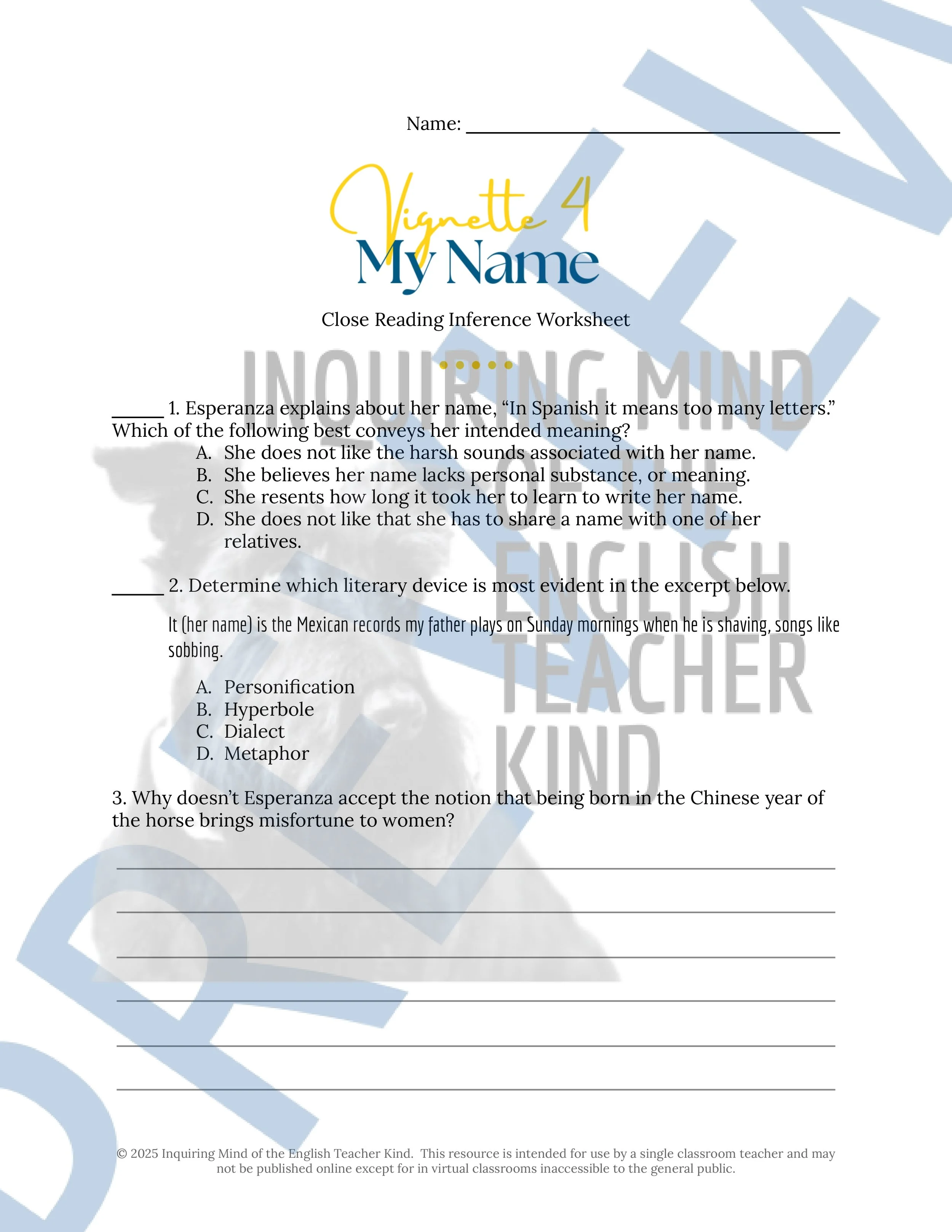 The House on Mango Street Close Reading Analysis Worksheets and Answer ...