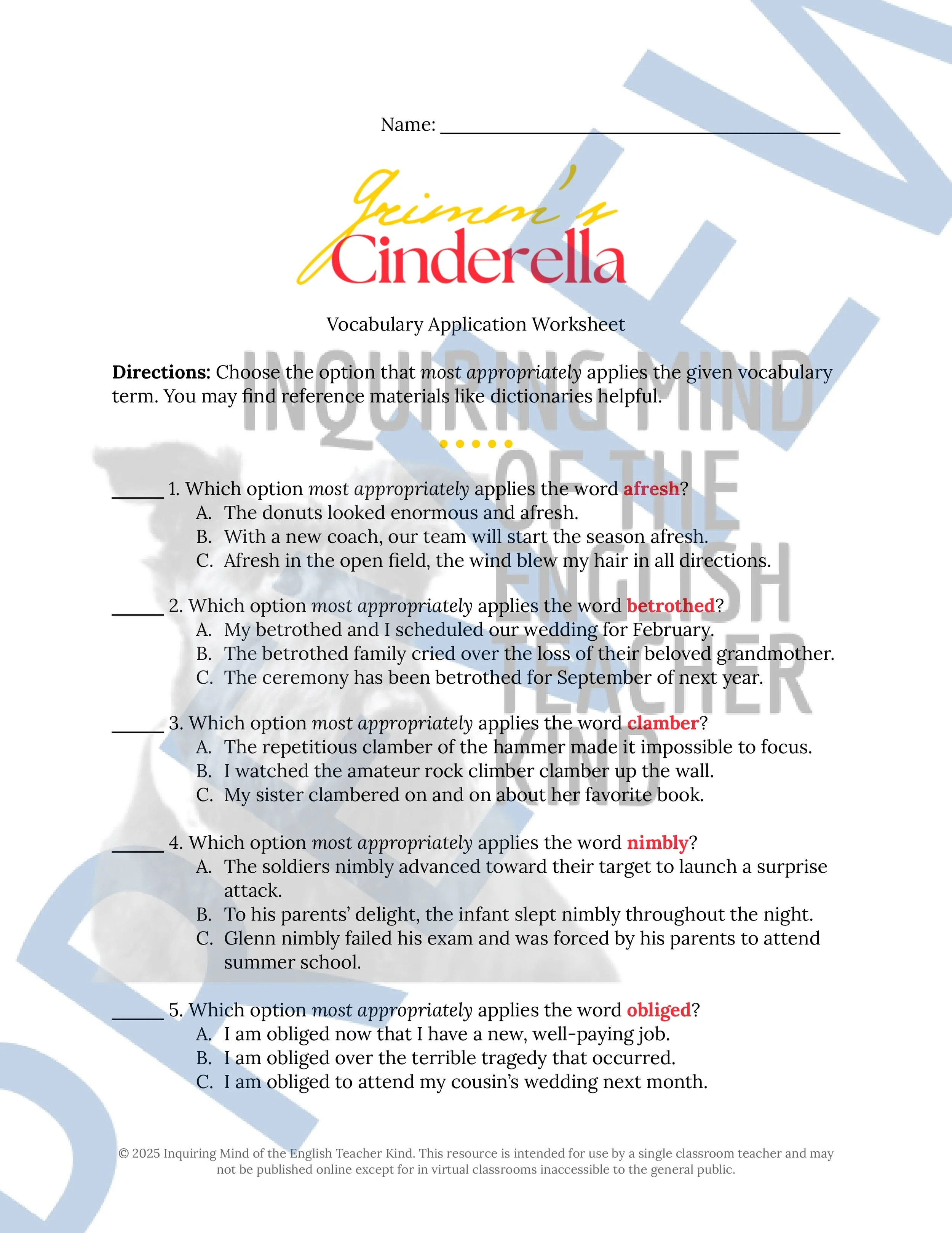 Cinderella Grimm's Fairy Tale Vocabulary Activities from Inquiring Mind of the English Teacher Kind (1).jpg
