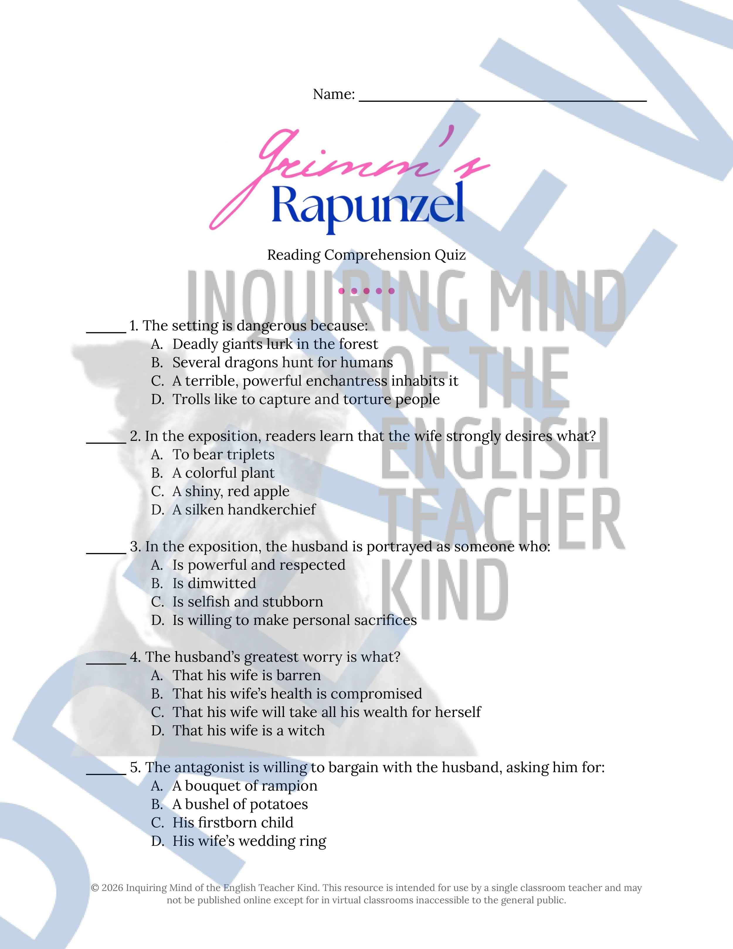 Rapunzel Brothers Grimm Fairy Tale Quiz and Answer Key (1).jpg