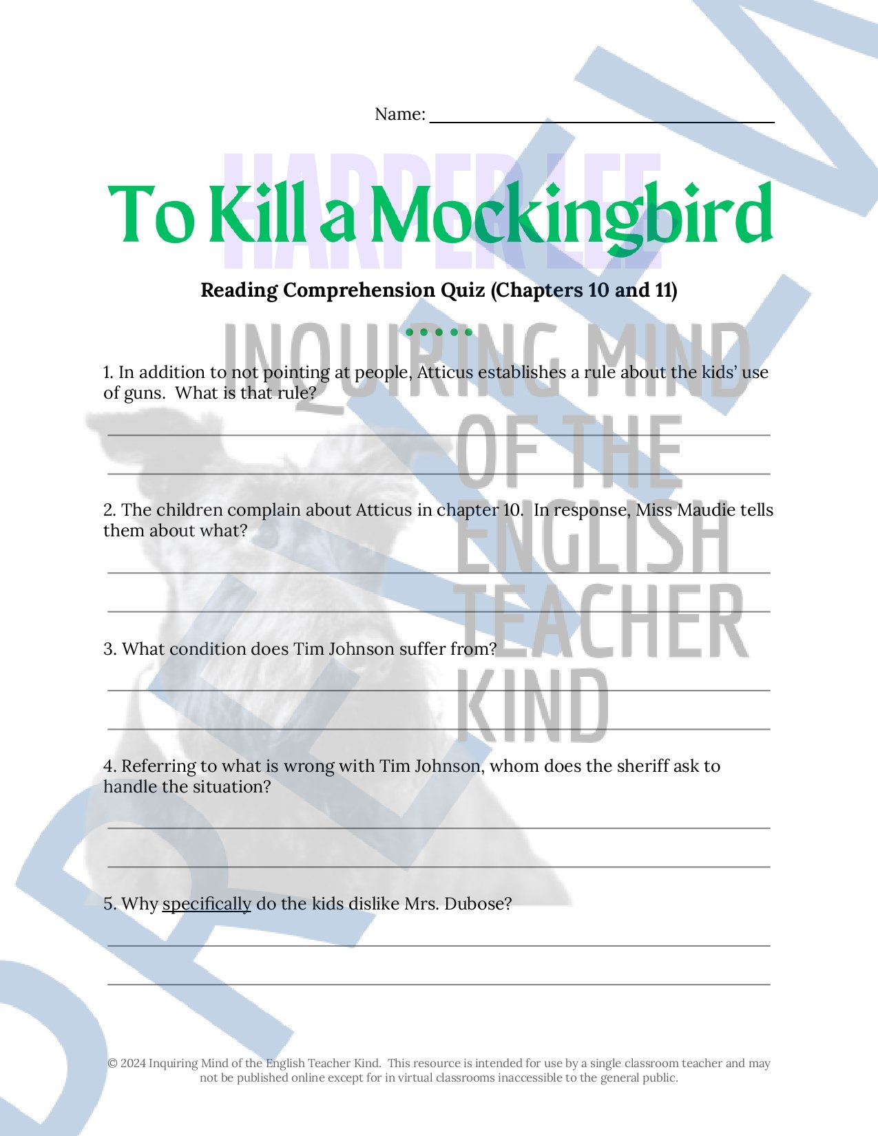 To Kill a Mockingbird Chapters 10 and 11 Quizzes, Close Reading Inference Worksheets, and Vocabulary Games for High School English Language Arts