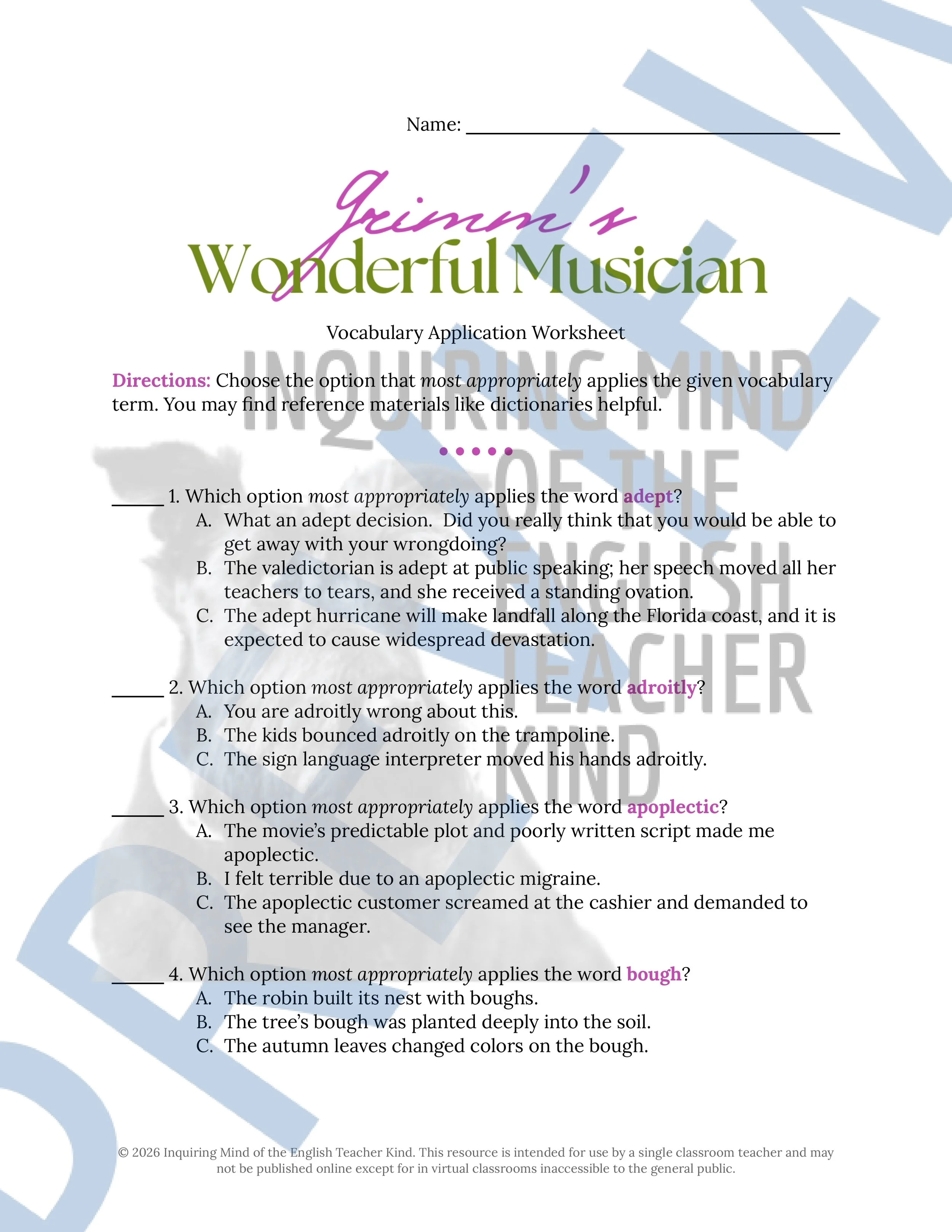 The Wonderful Musician Vocabulary Activities - Grimm Fairy Tale (1).jpg