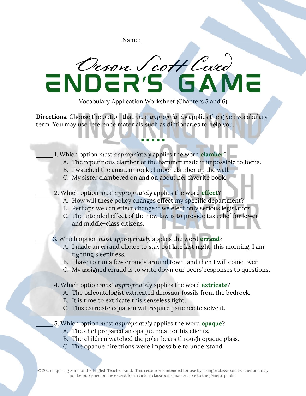 Ender #39 s Game by Orson Scott Card Vocabulary Games Bundle for High