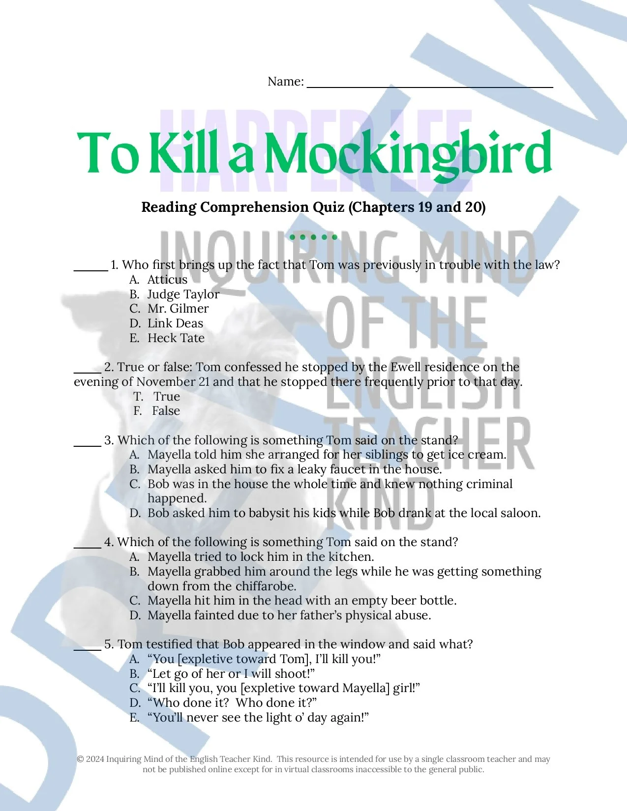 To Kill a Mockingbird Quiz and Answer Key Bundle for High School English Language Arts