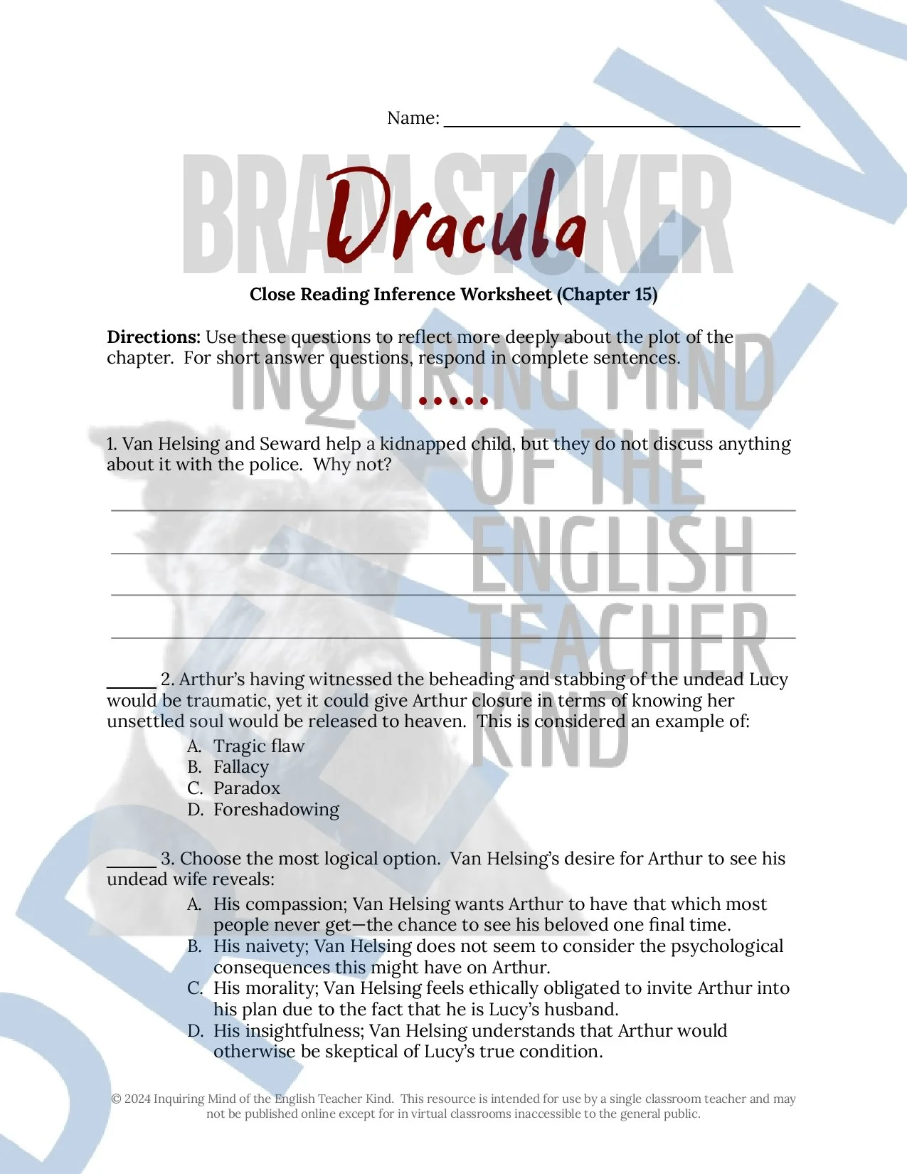 Dracula by Bram Stoker Chapters 14-17 Quiz, Close Reading Inference Worksheets, and Vocabulary Games