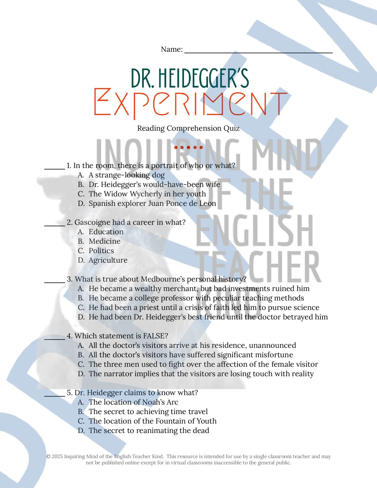 "Dr. Heidegger's Experiment" Quiz, Inference Worksheet, and Vocabulary Games from Inquiring Mind of the English Teacher Kind