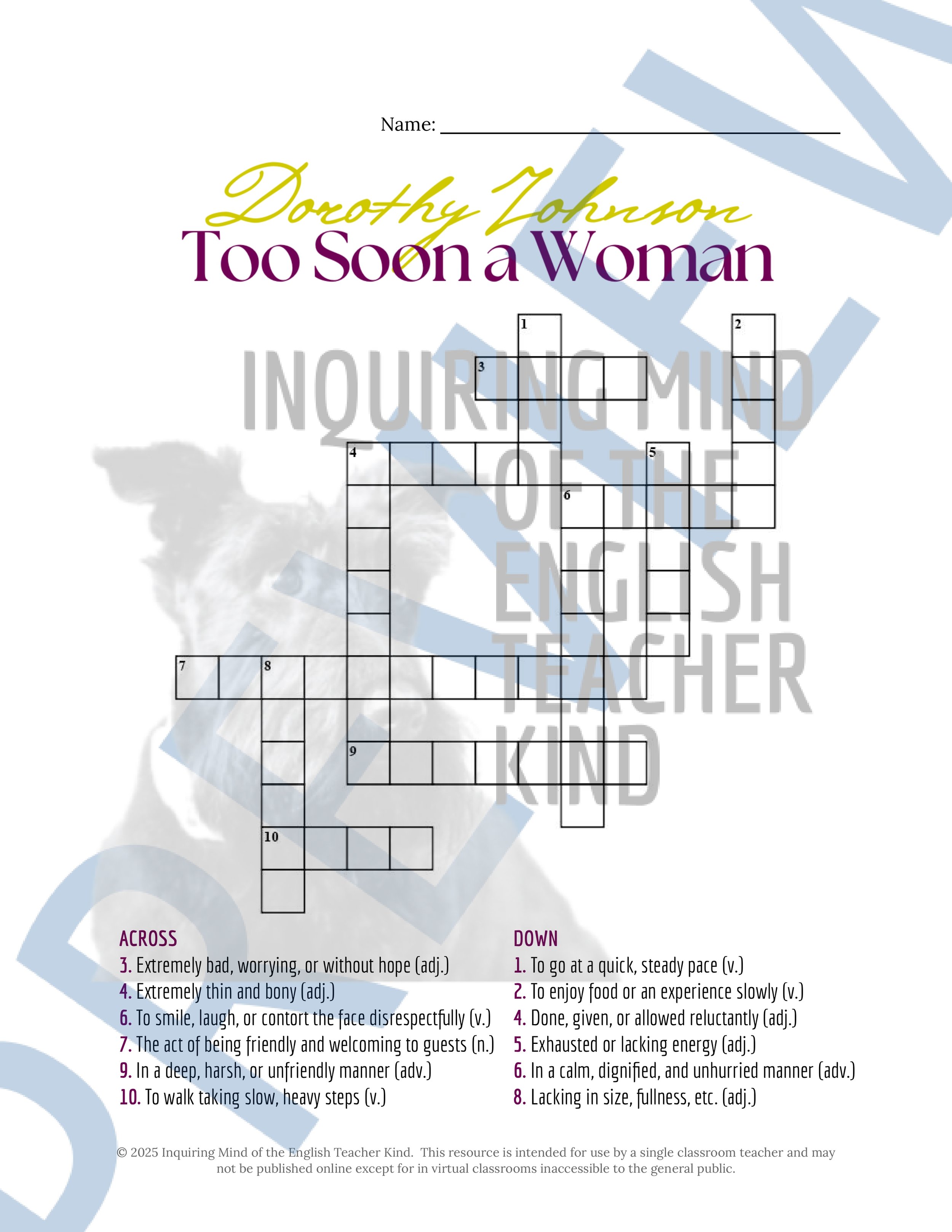 "Too Soon a Woman" by Dorothy Johnson Quiz, Close Reading Analysis Worksheet, Vocabulary Activities, and Answer Keys for High School from Inquiring Mind of the English Teacher Kind