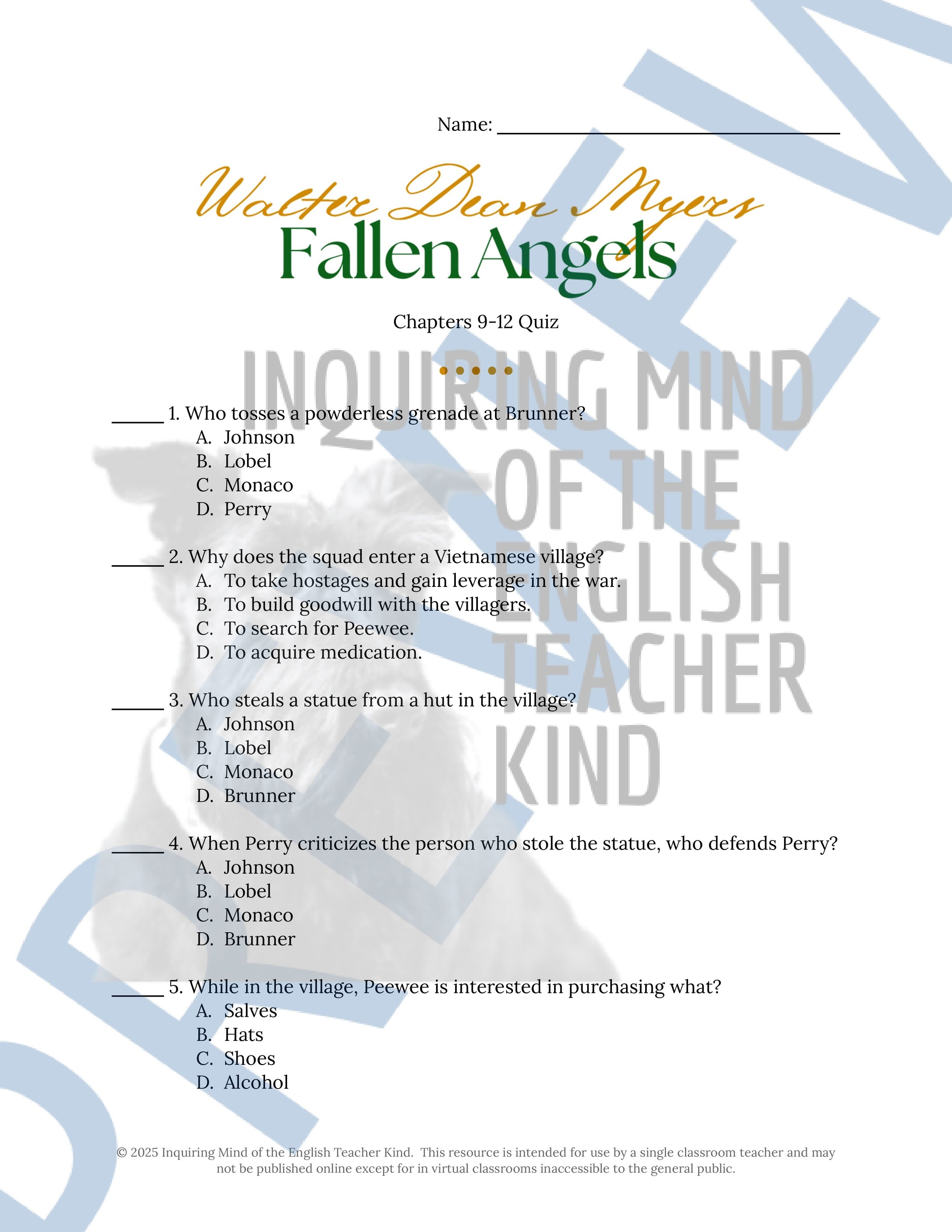 Fallen Angels Quizzes, Worksheets, Research Project, Test, and Answer Keys Mega Bundle from Inquiring Mind of the English Teacher Kind