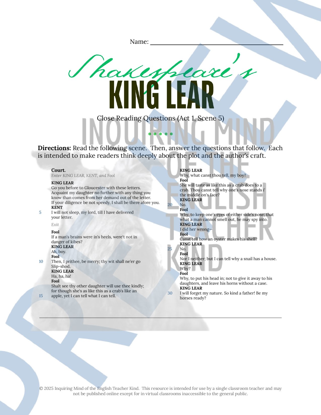 Shakespeare's King Lear Close Reading Analysis Worksheets and Answer Keys for High School English Language Arts by Inquiring Mind of the English Teacher Kind
