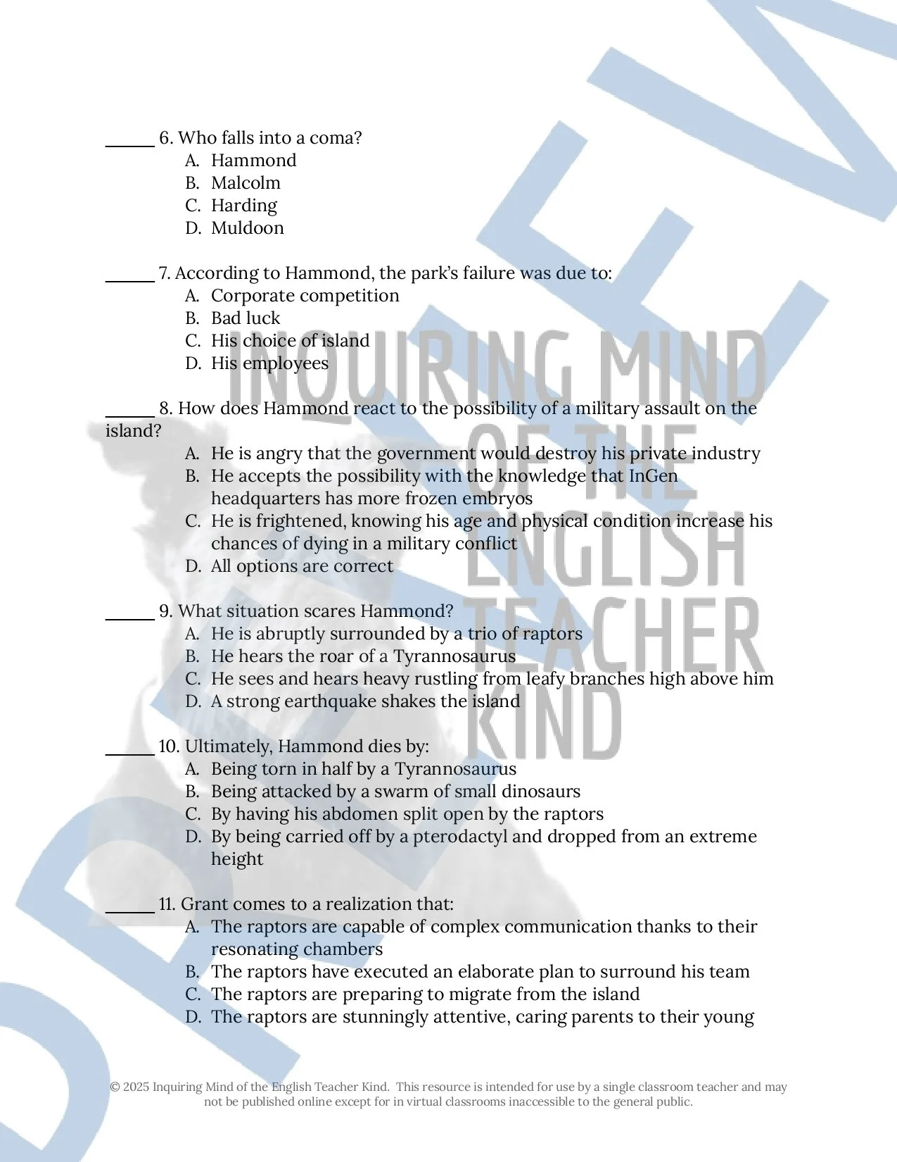 Jurassic Park by Michael Crichton Quiz and Answer Key Bundle for High School from Inquiring Mind of the English Teacher Kind