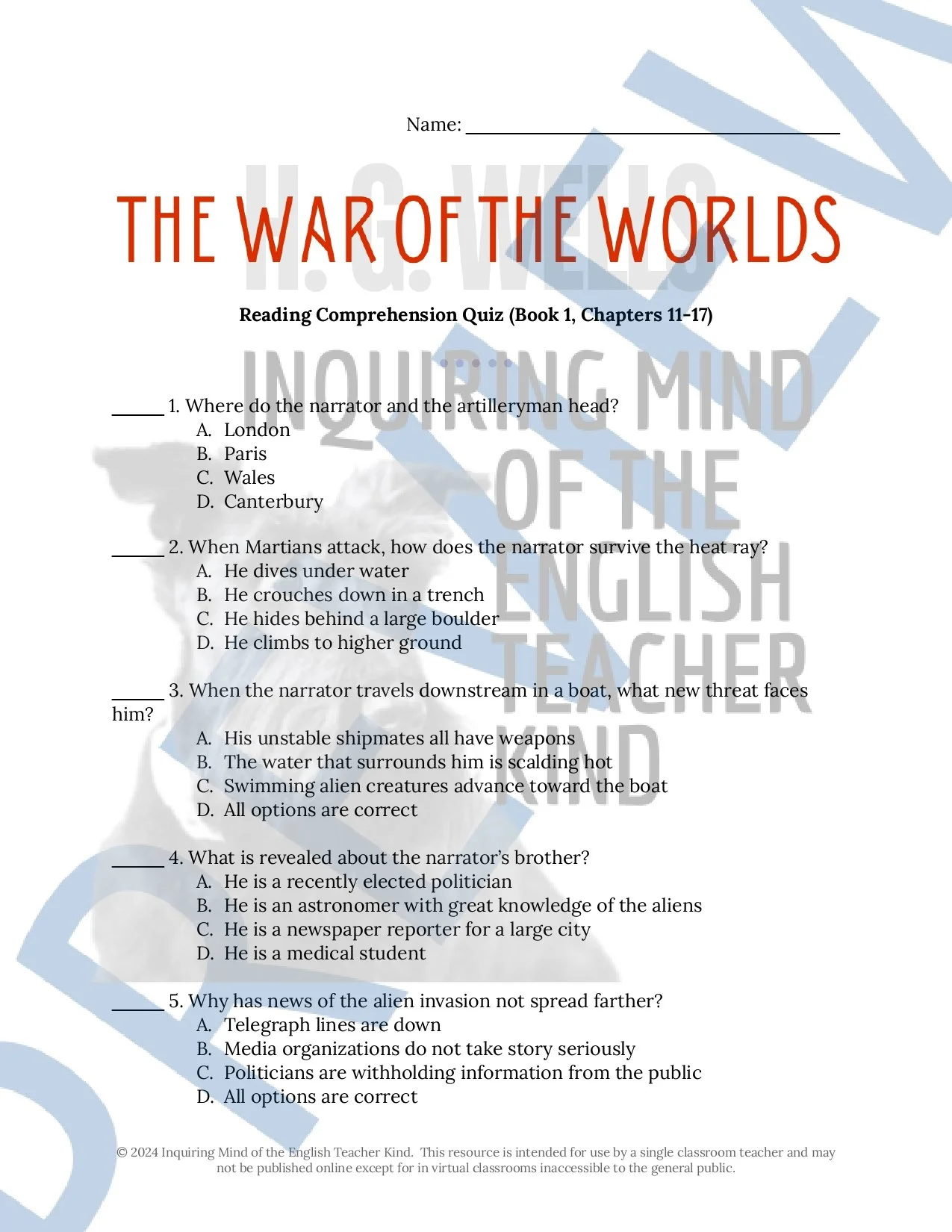 The War of the Worlds Quizzes, Inference Worksheets, Vocabulary Games, Research Project, Test, and Answer Keys