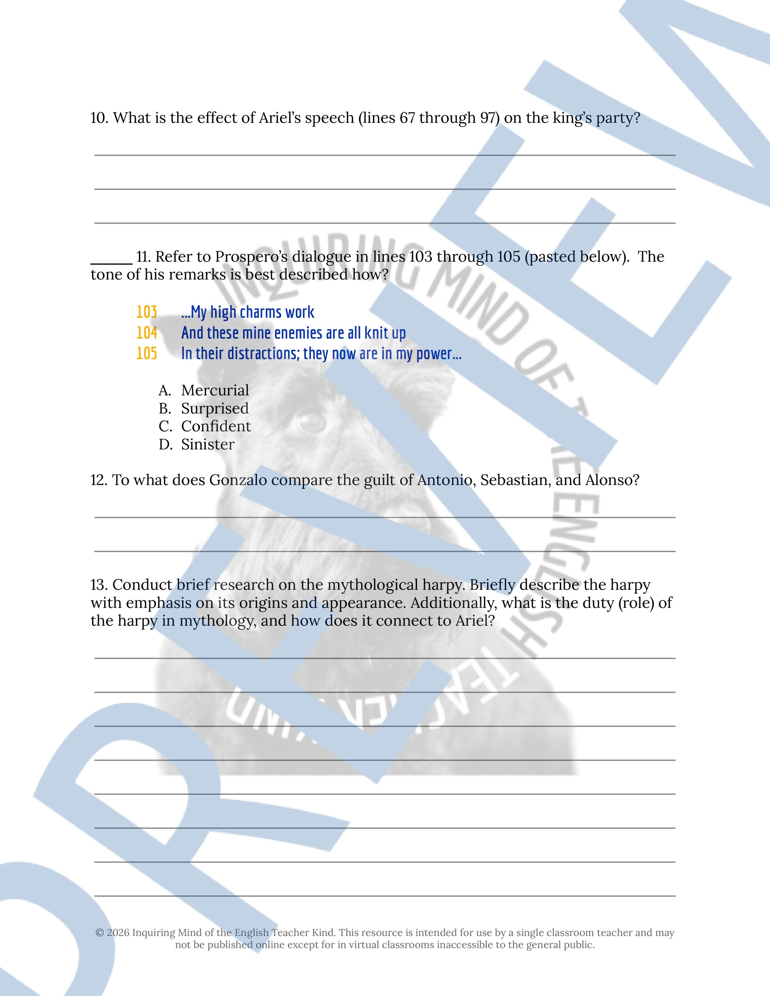 Shakespeare's The Tempest Act 3 Scene 3 Close Reading Analysis Worksheet (4).jpg