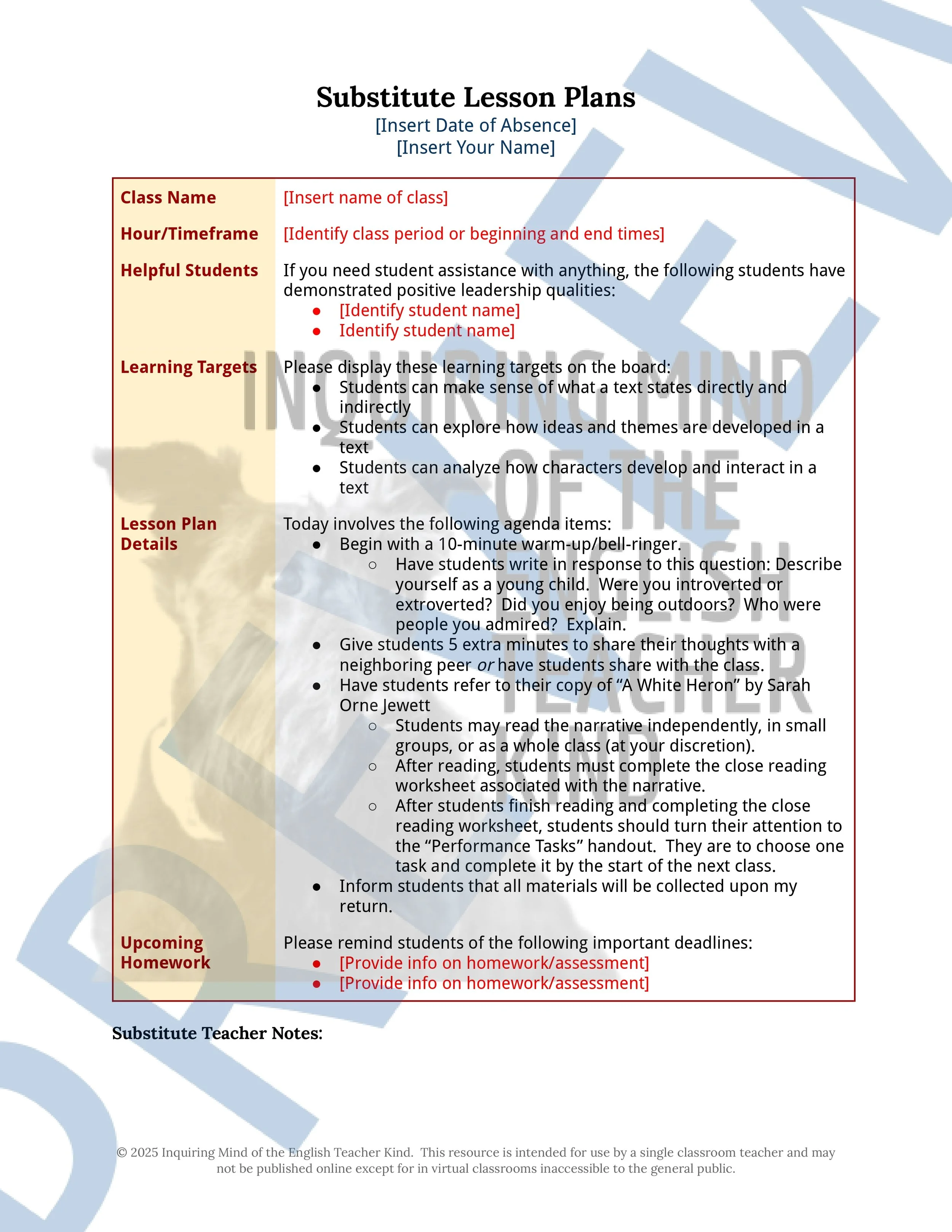 "A White Heron" by Sarah Orne Jewett Quiz, Analysis Worksheet, Vocabulary Activities, and Sub Plans for High School from Inquiring Mind of the English Teacher Kind