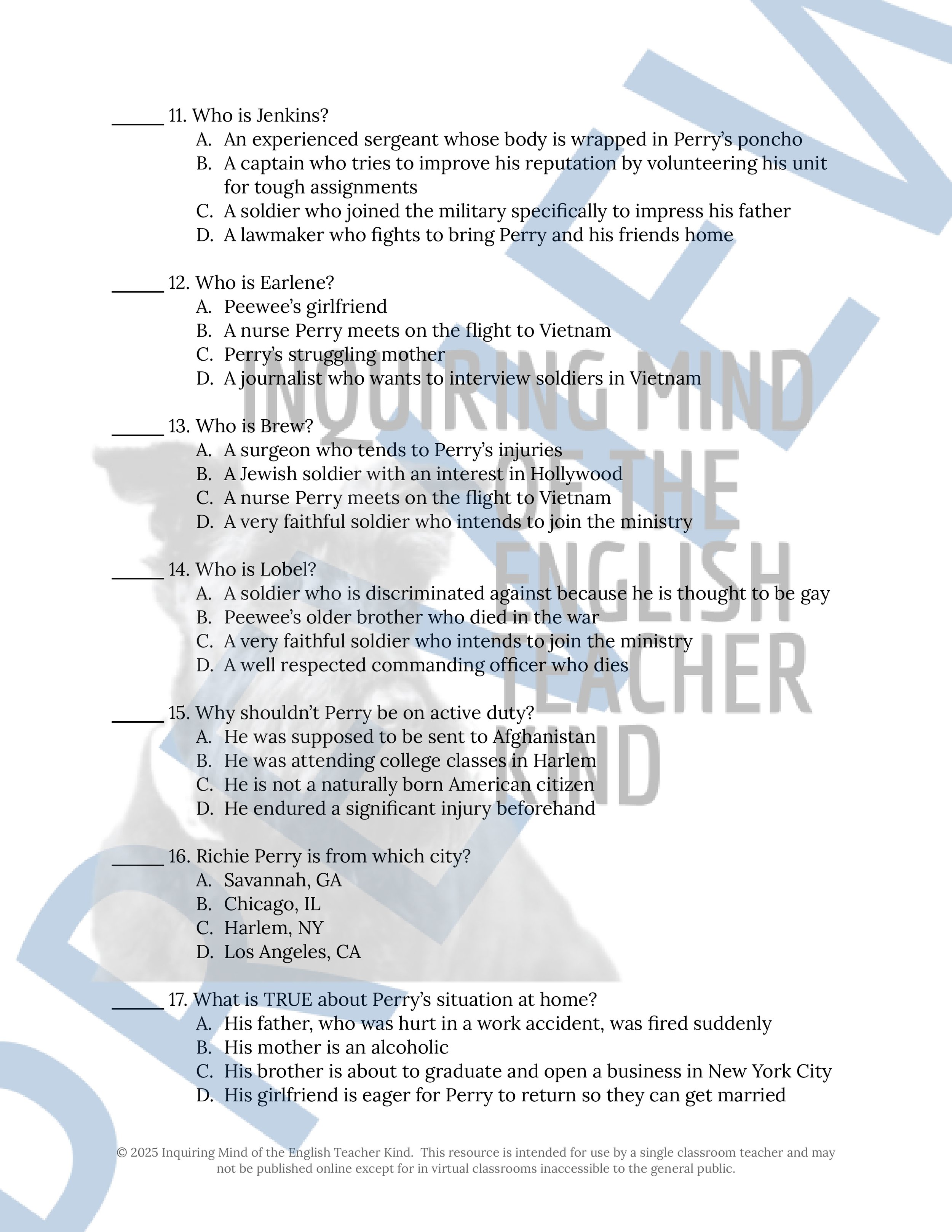 Fallen Angels Quizzes, Worksheets, Research Project, Test, and Answer Keys Mega Bundle from Inquiring Mind of the English Teacher Kind