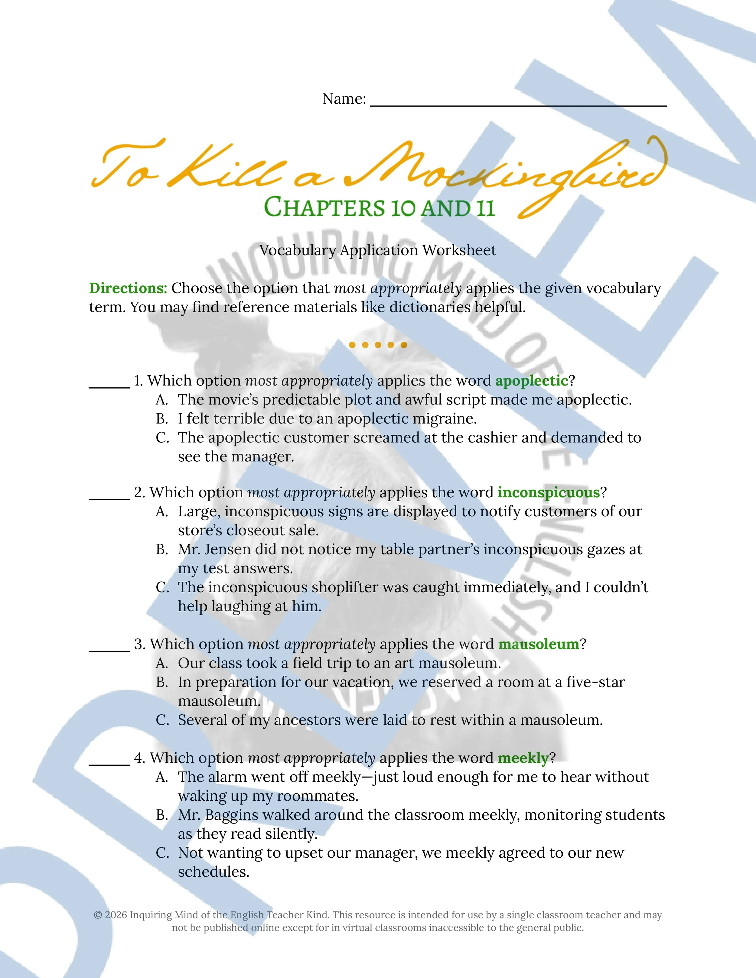 To Kill a Mockingbird Chapters 10 and 11 Vocabulary Worksheet, Crossword Puzzle, and Word Search Game for High School ELA (1).jpg