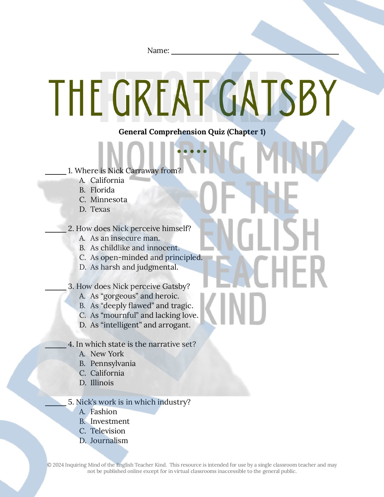 The Great Gatsby by F. Scott Fitzgerald Chapter 1 Quiz, Inference Worksheet, and Vocabulary Games for High School