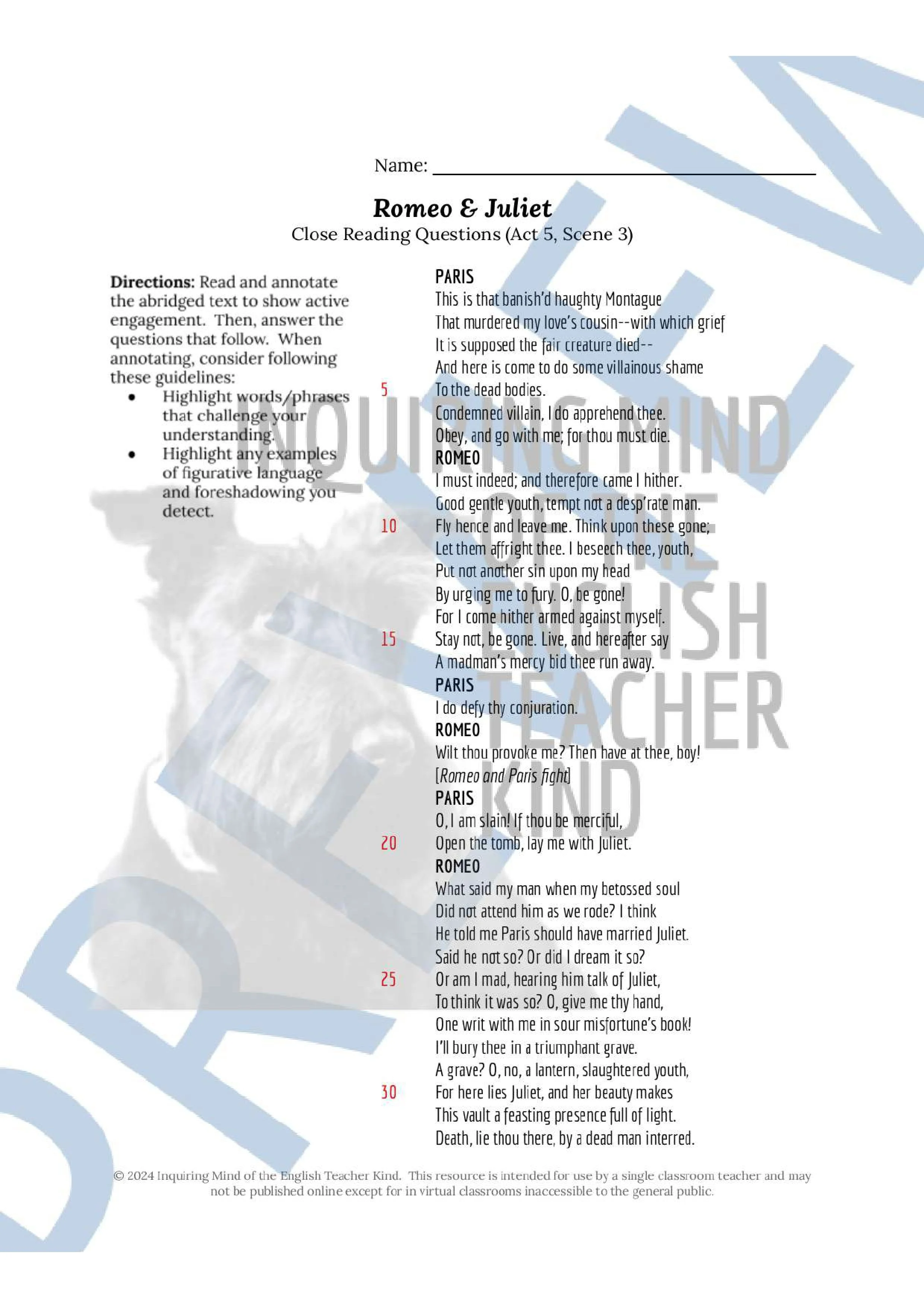 Romeo and Juliet Close Reading Analysis Worksheets and Answer Keys for High School English Language Arts by Inquiring Mind of the English Teacher Kind
