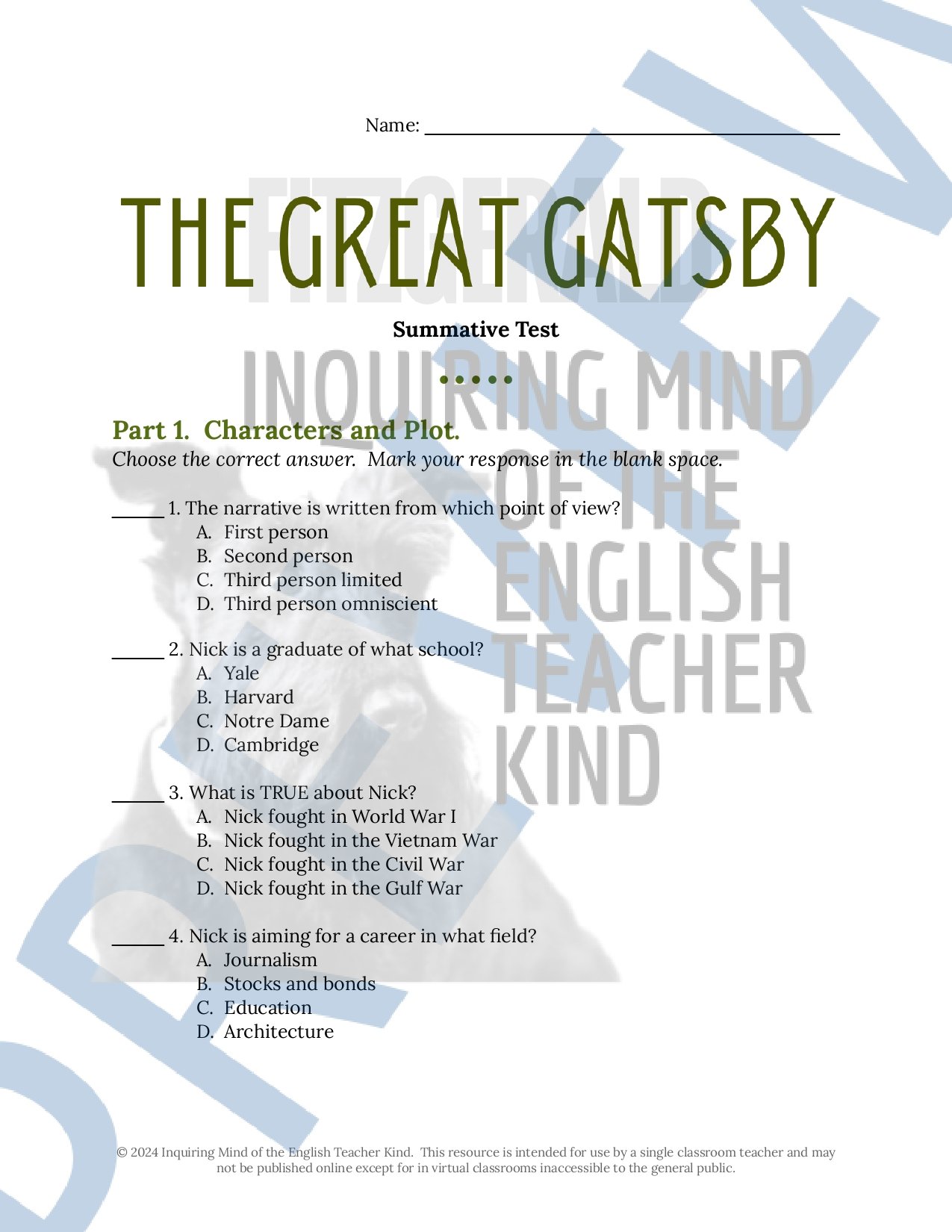 The Great Gatsby by F. Scott Fitzgerald Test, Answer Key, and Study Guide for High School