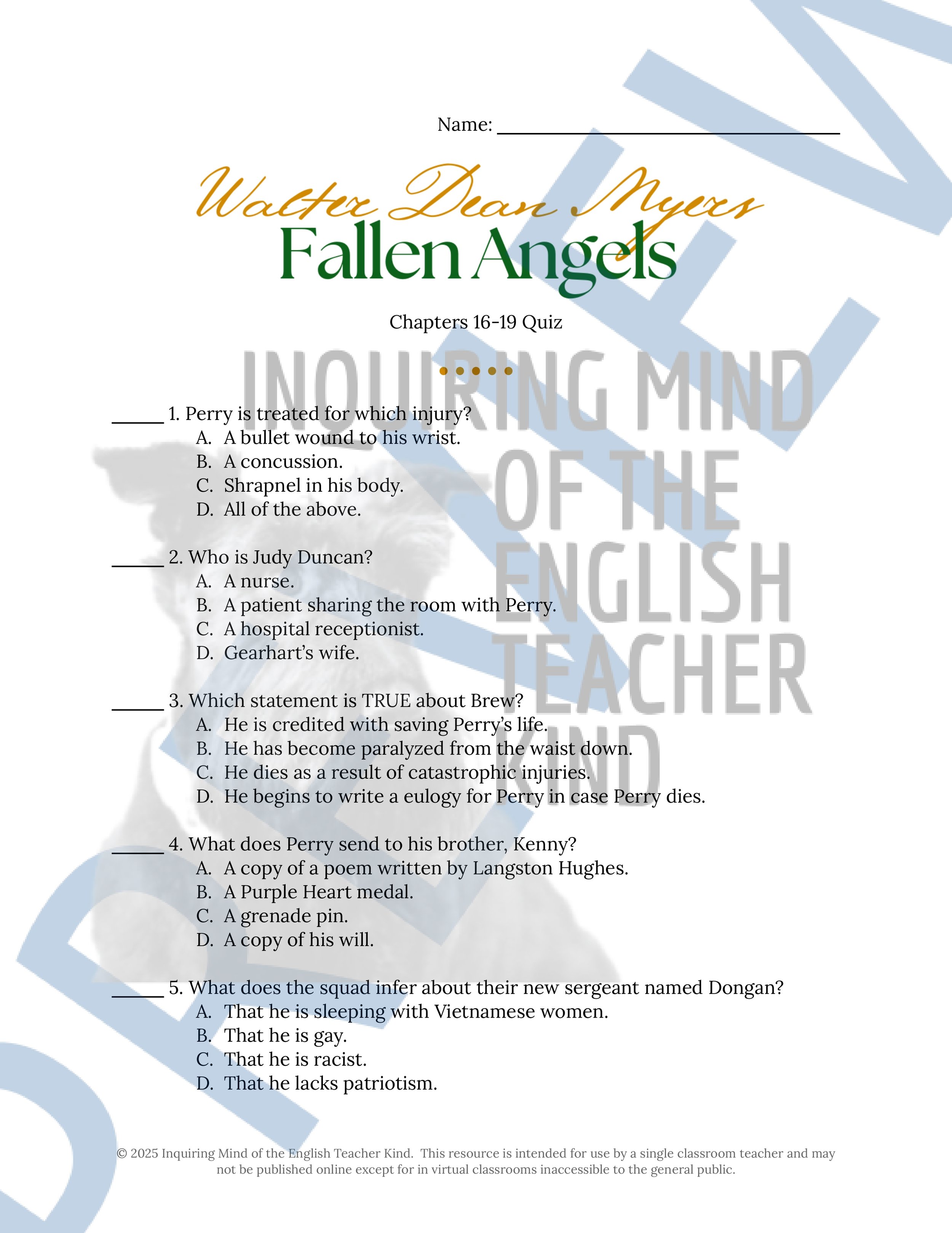 Fallen Angels Quizzes, Worksheets, Research Project, Test, and Answer Keys Mega Bundle from Inquiring Mind of the English Teacher Kind