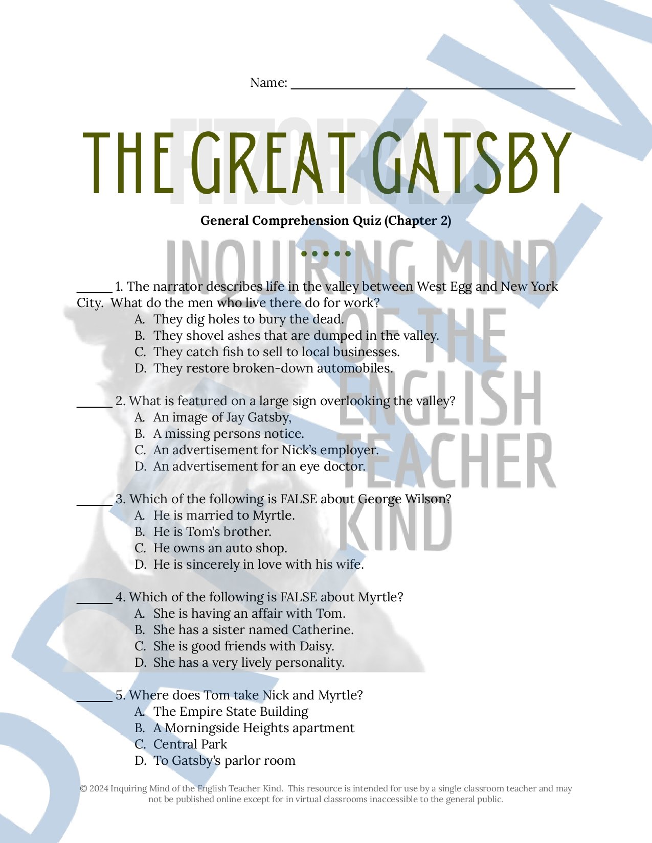 The Great Gatsby by F. Scott Fitzgerald Quiz and Answer Key Bundle for High School