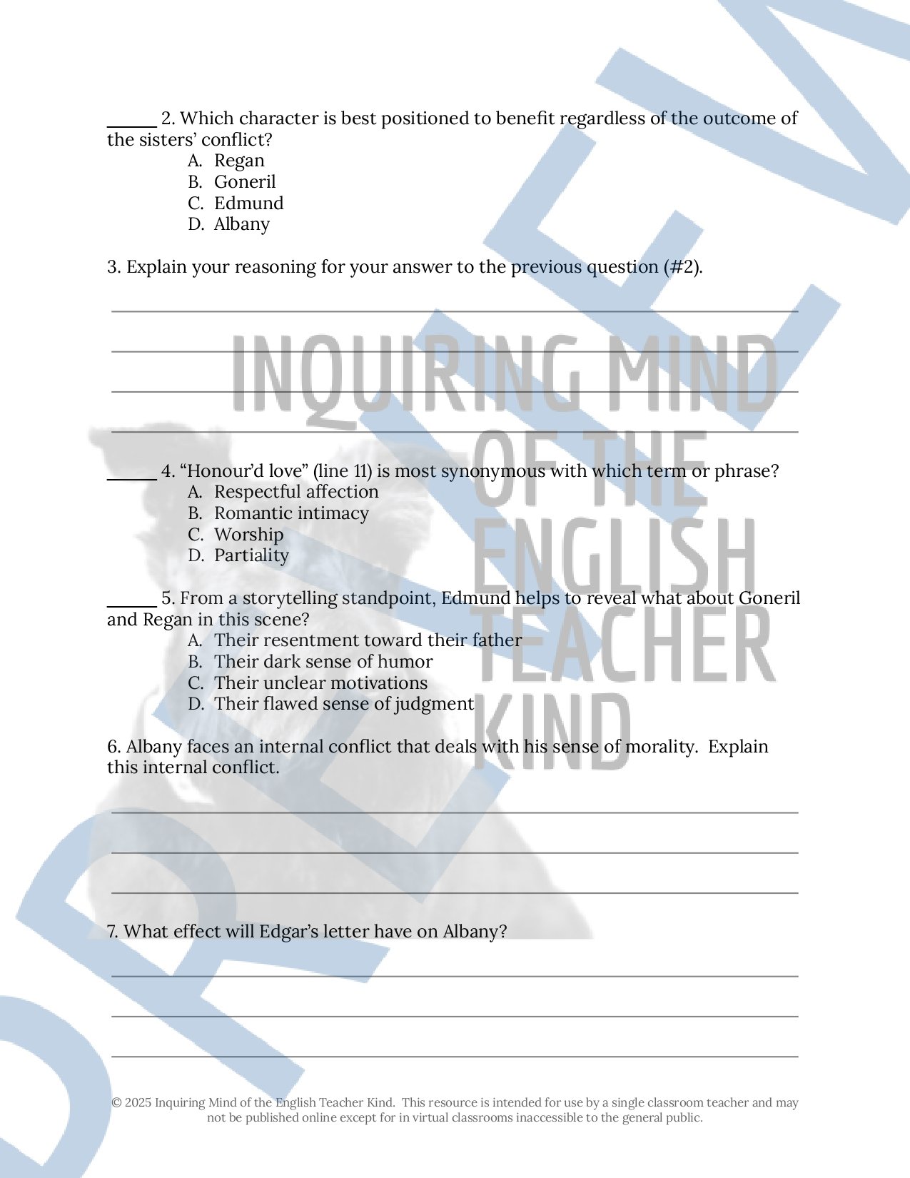 Shakespeare's King Lear Act 5 Quiz, Vocabulary Games, Close Reading Inference Worksheets, and Answer Keys for High School by Inquiring Mind of the English Teacher Kind