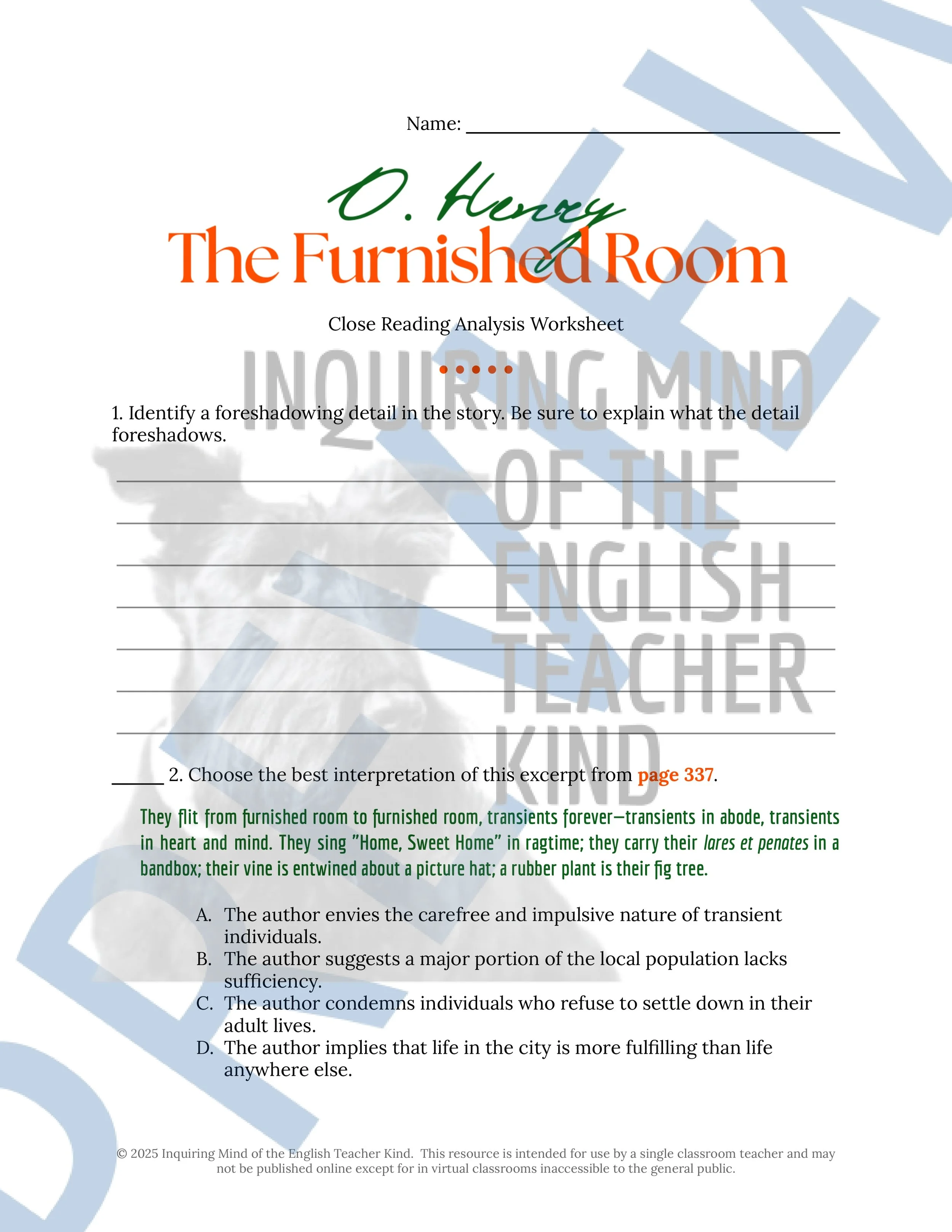 "The Furnished Room" by O. Henry Quiz, Literary Analysis Worksheet, and Vocabulary Activities for High School from Inquiring Mind of the English Teacher Kind