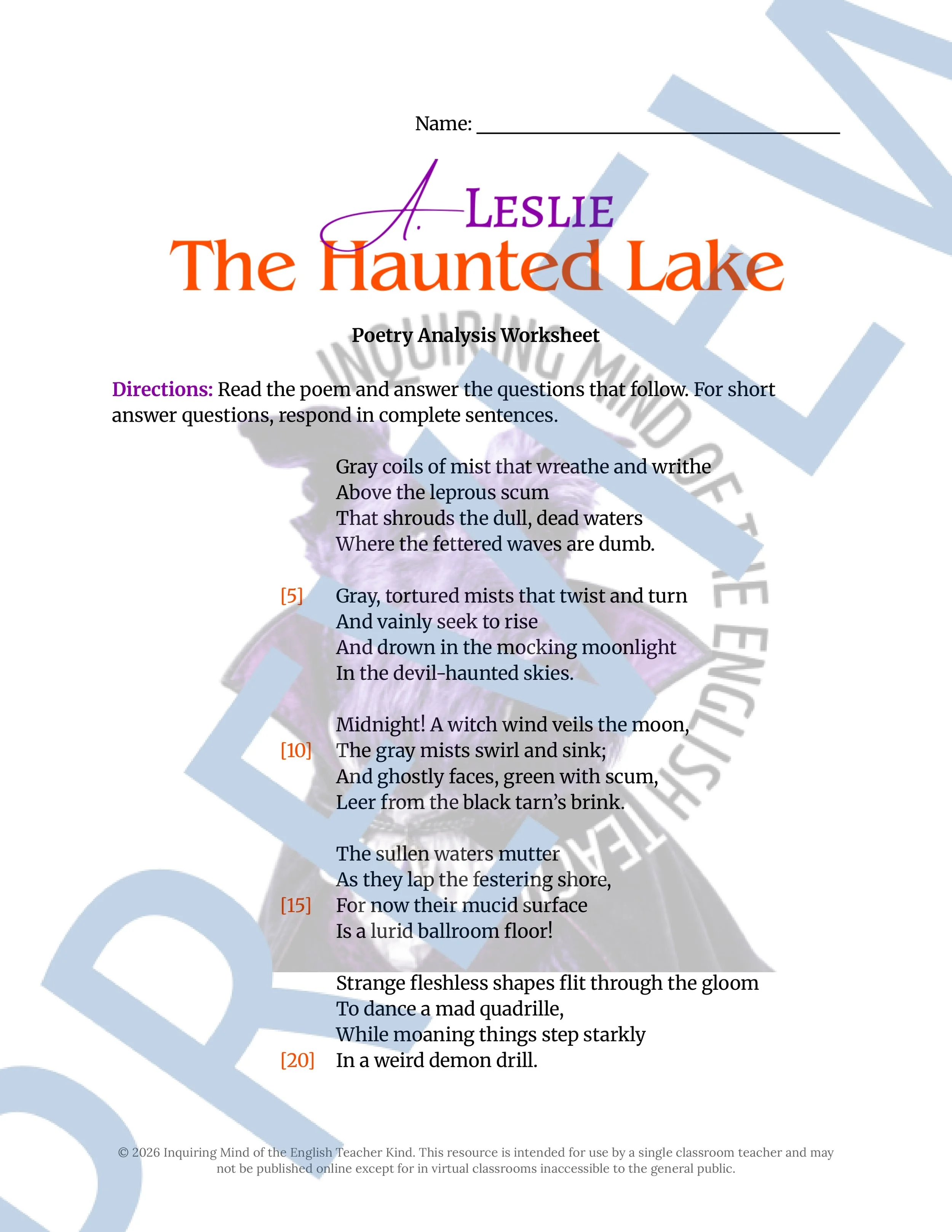 The Haunted Lake by A. Leslie Poetry Analysis Worksheet for High School and Halloween Season (1).jpg