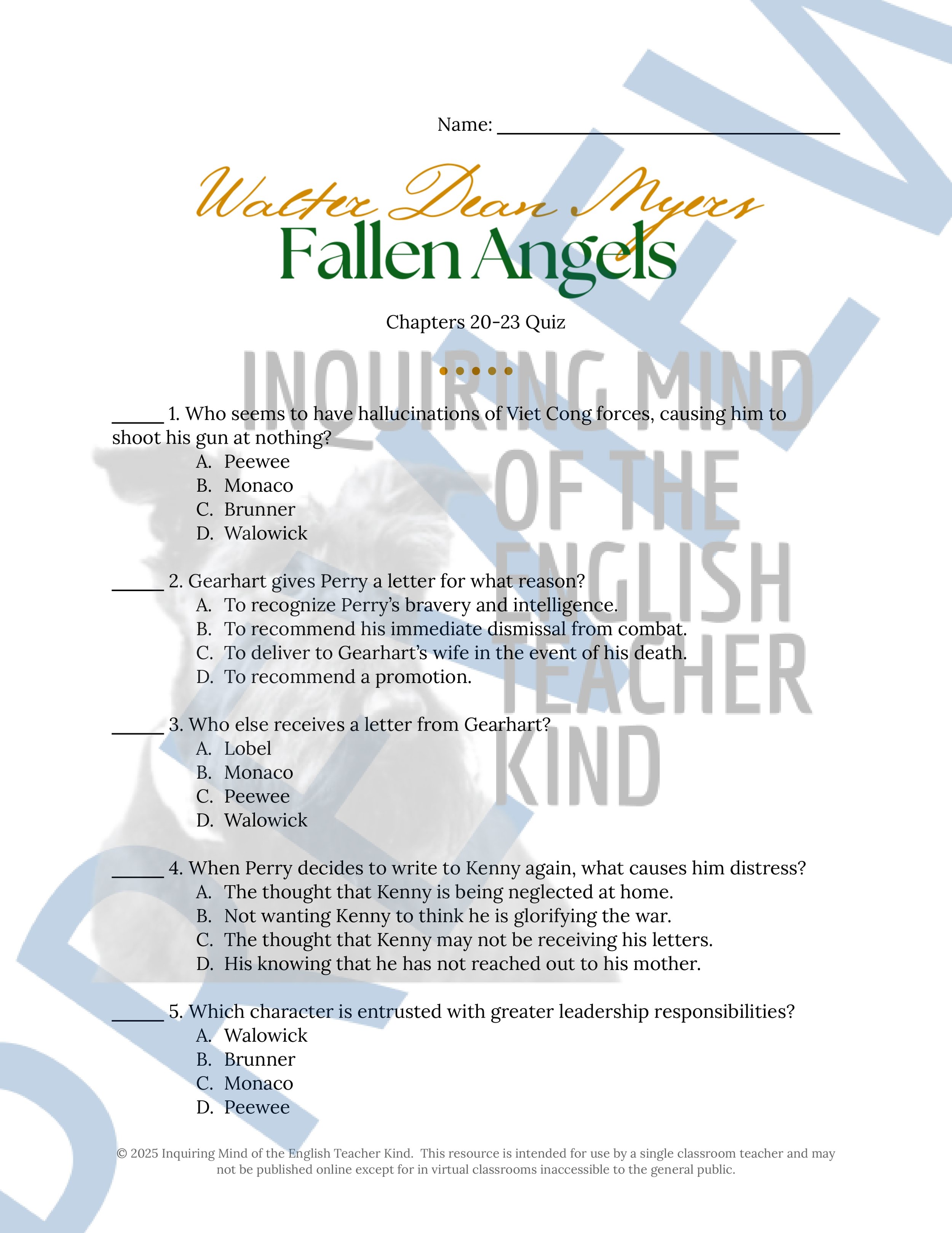 Fallen Angels Quizzes, Worksheets, Research Project, Test, and Answer Keys Mega Bundle from Inquiring Mind of the English Teacher Kind
