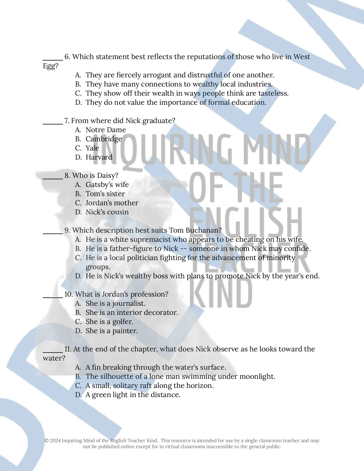 The Great Gatsby by F. Scott Fitzgerald Chapter 1 Quiz, Inference ...