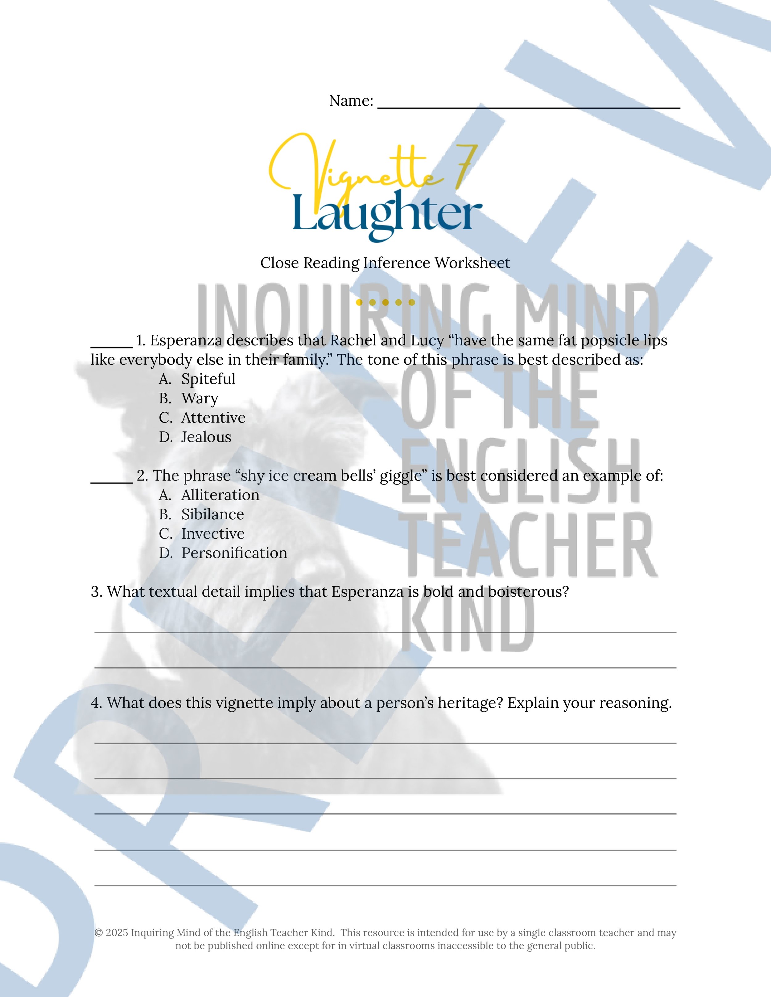 The House on Mango Street "Laughter" Close Reading Inference Worksheet and Answer Key for High School from Inquiring Mind of the English Teacher Kind