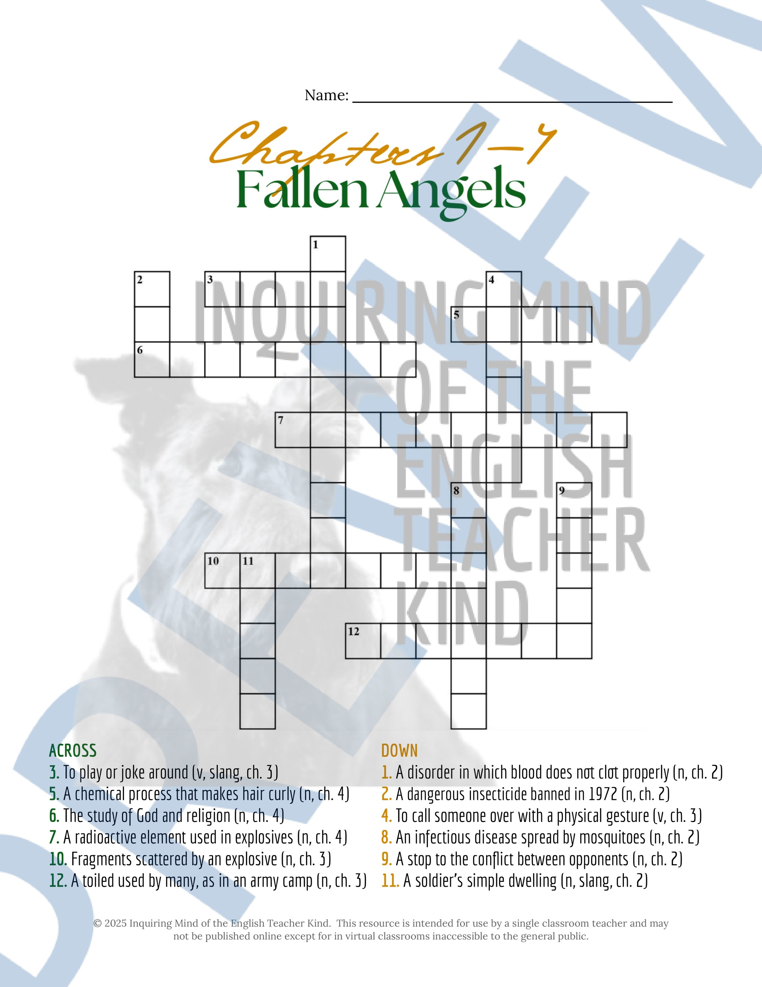 Fallen Angels Quizzes, Worksheets, Research Project, Test, and Answer Keys Mega Bundle from Inquiring Mind of the English Teacher Kind