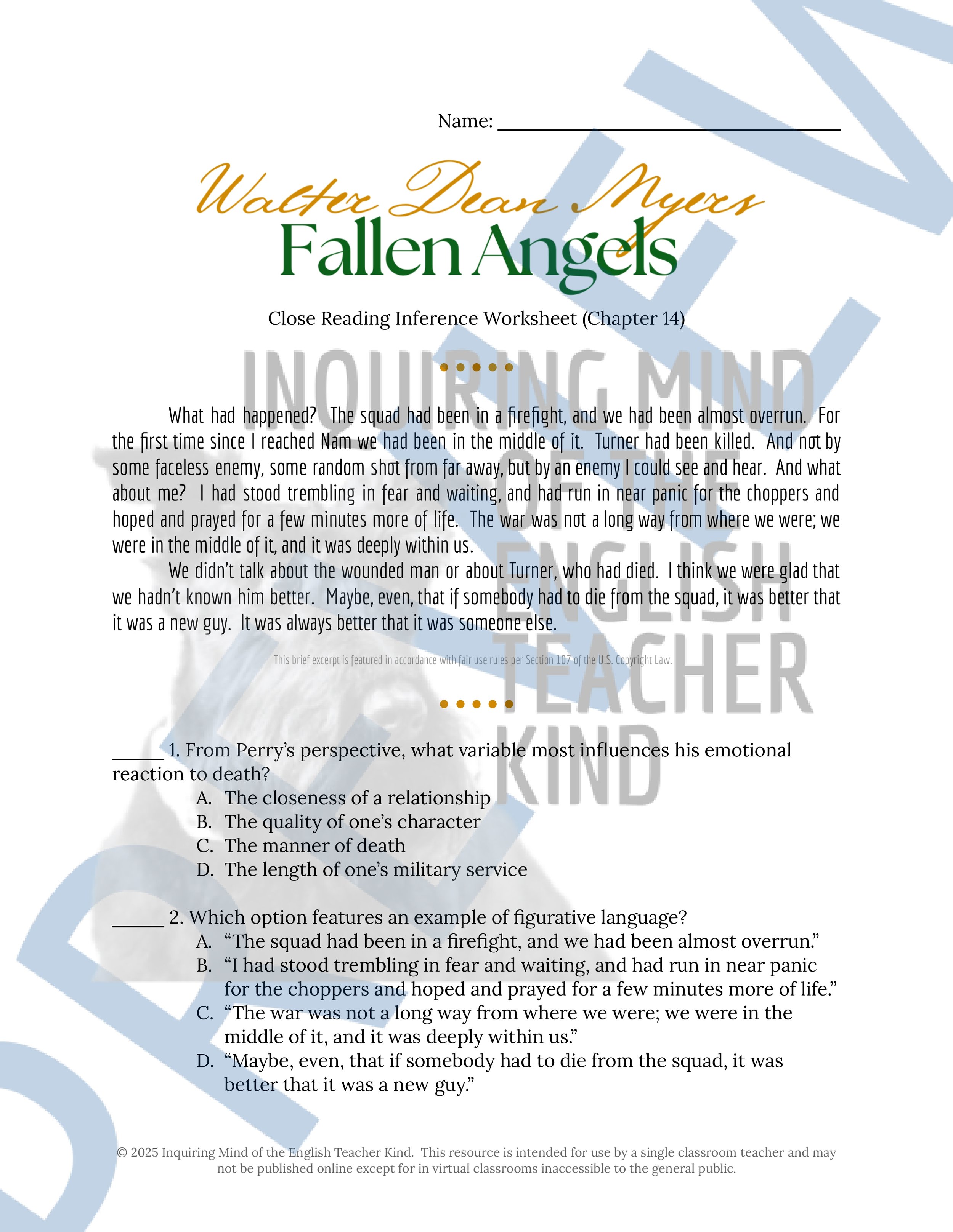 Fallen Angels Quizzes, Worksheets, Research Project, Test, and Answer Keys Mega Bundle from Inquiring Mind of the English Teacher Kind